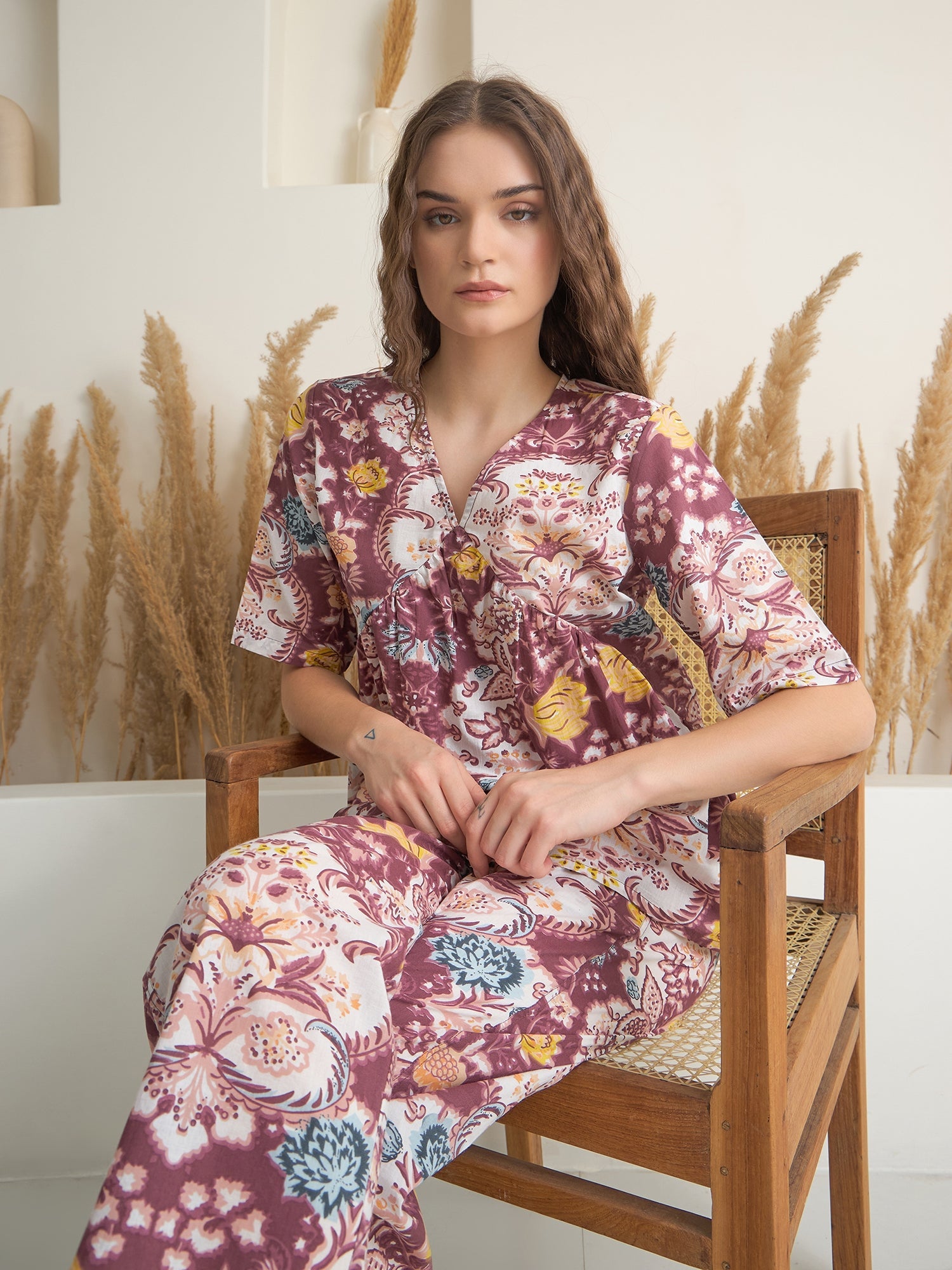 Rust V-Neck Pure Cotton Printed Night Suit for Women - SanskrutiHomes