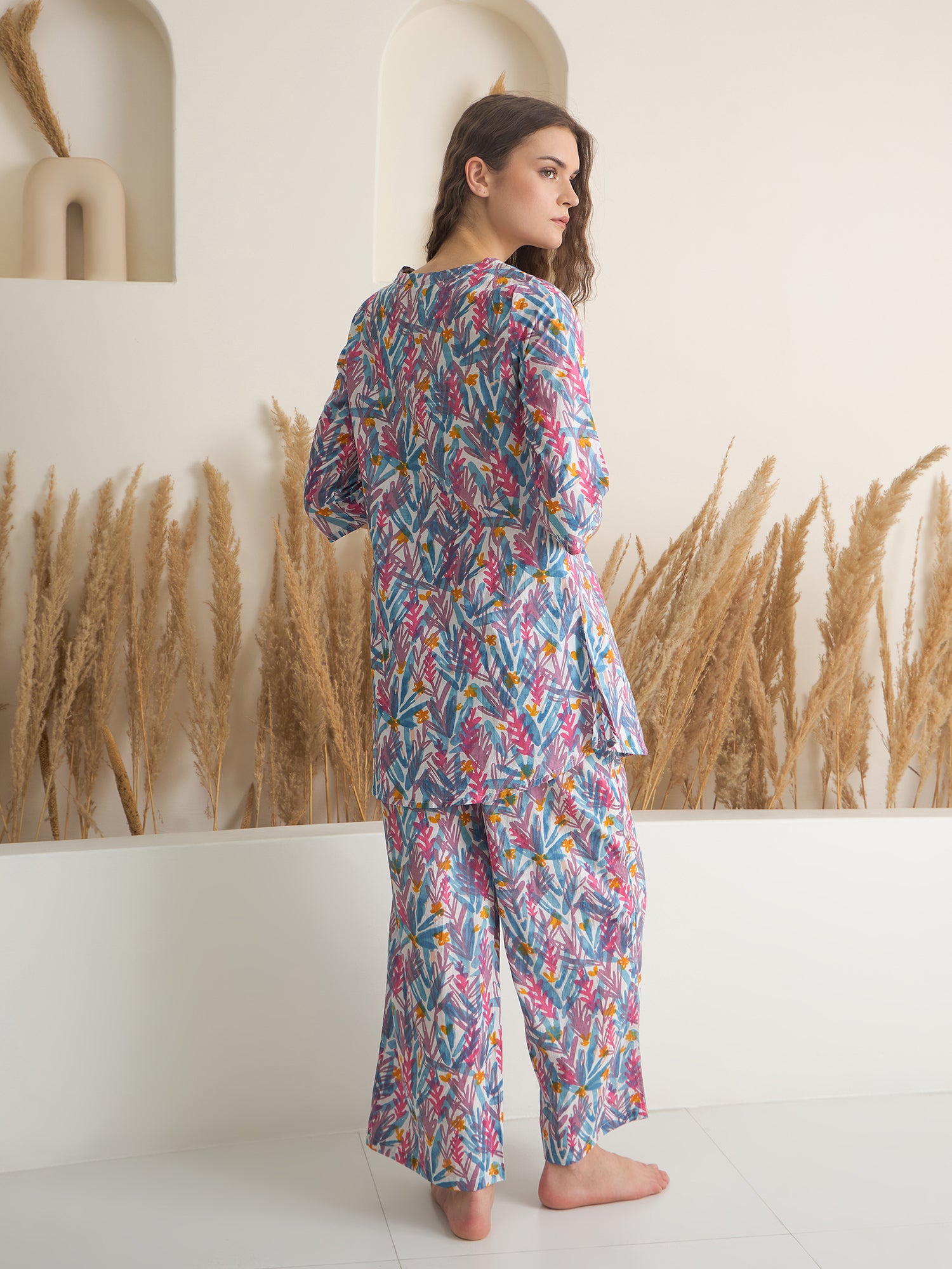 Blue Floral Printed Cotton Night Suit for Women