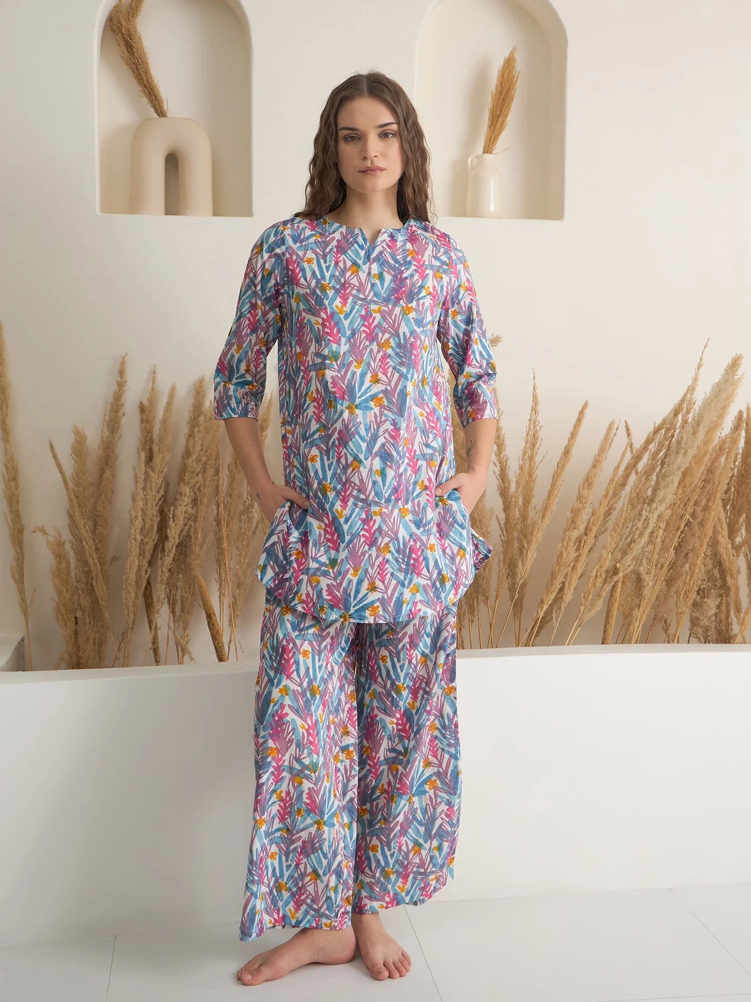 Blue Floral Printed Cotton Night Suit for Women - SanskrutiHomes