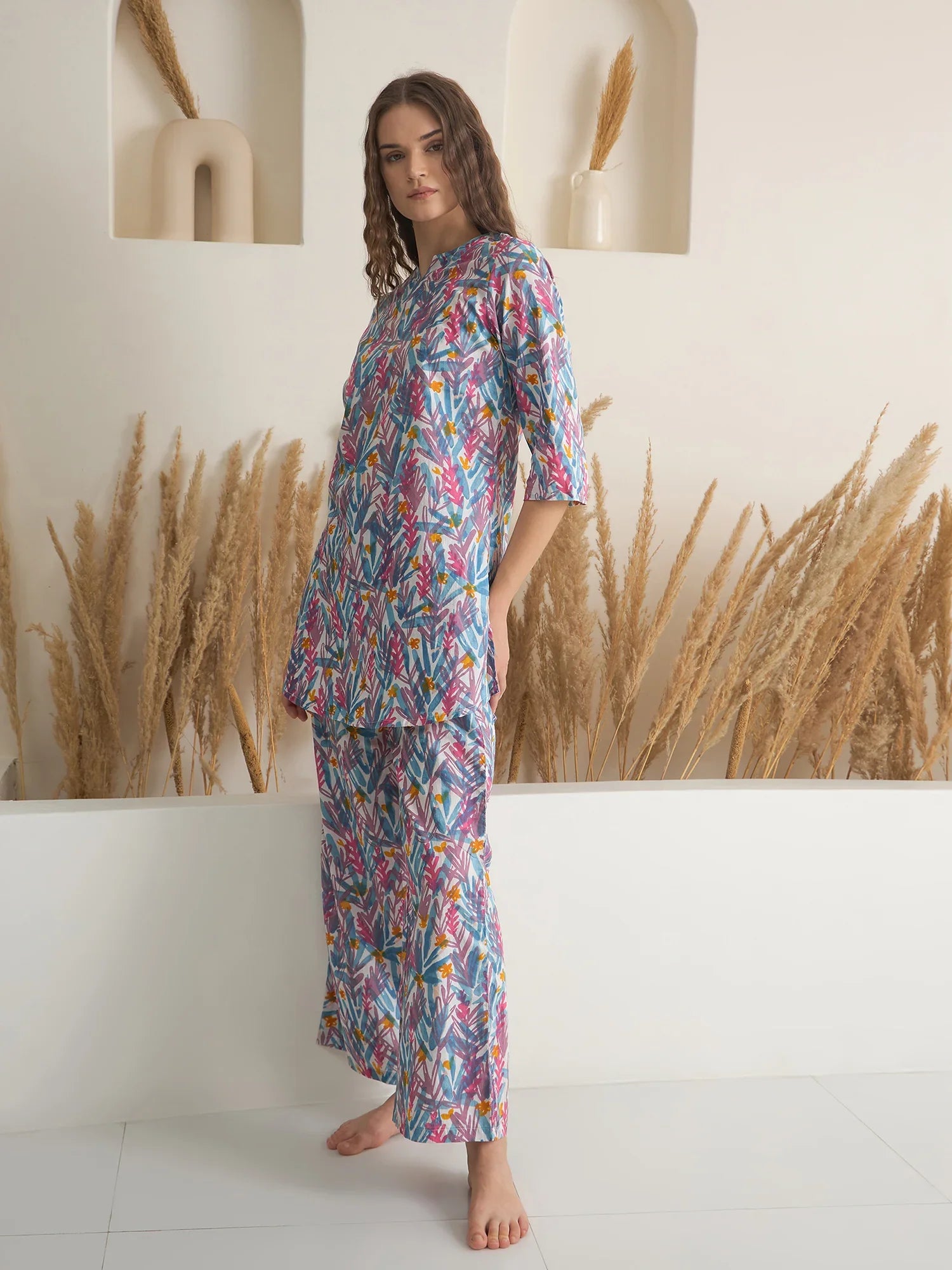 Blue Floral Printed Cotton Night Suit for Women - SanskrutiHomes