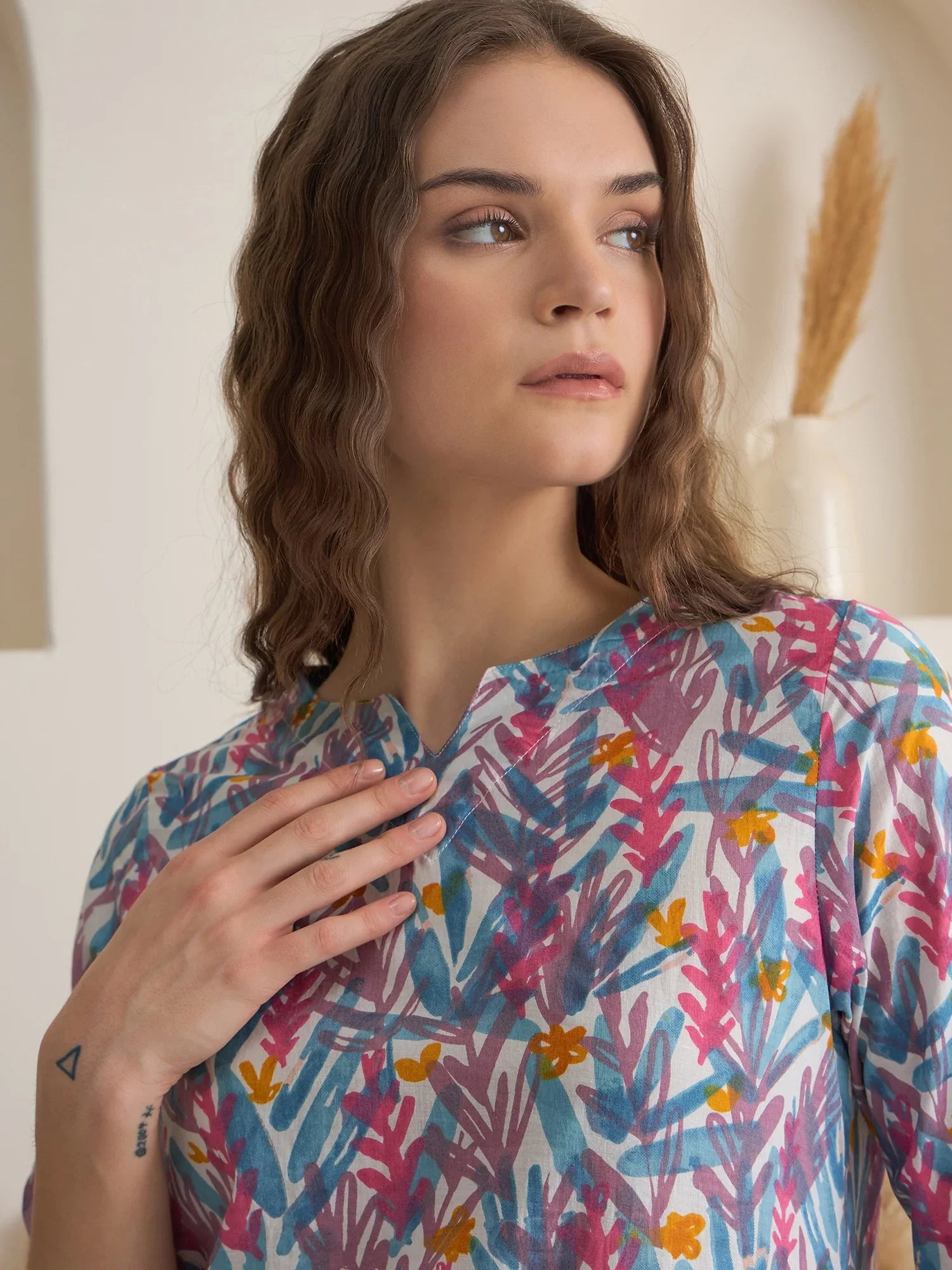 Blue Floral Printed Cotton Night Suit for Women - SanskrutiHomes