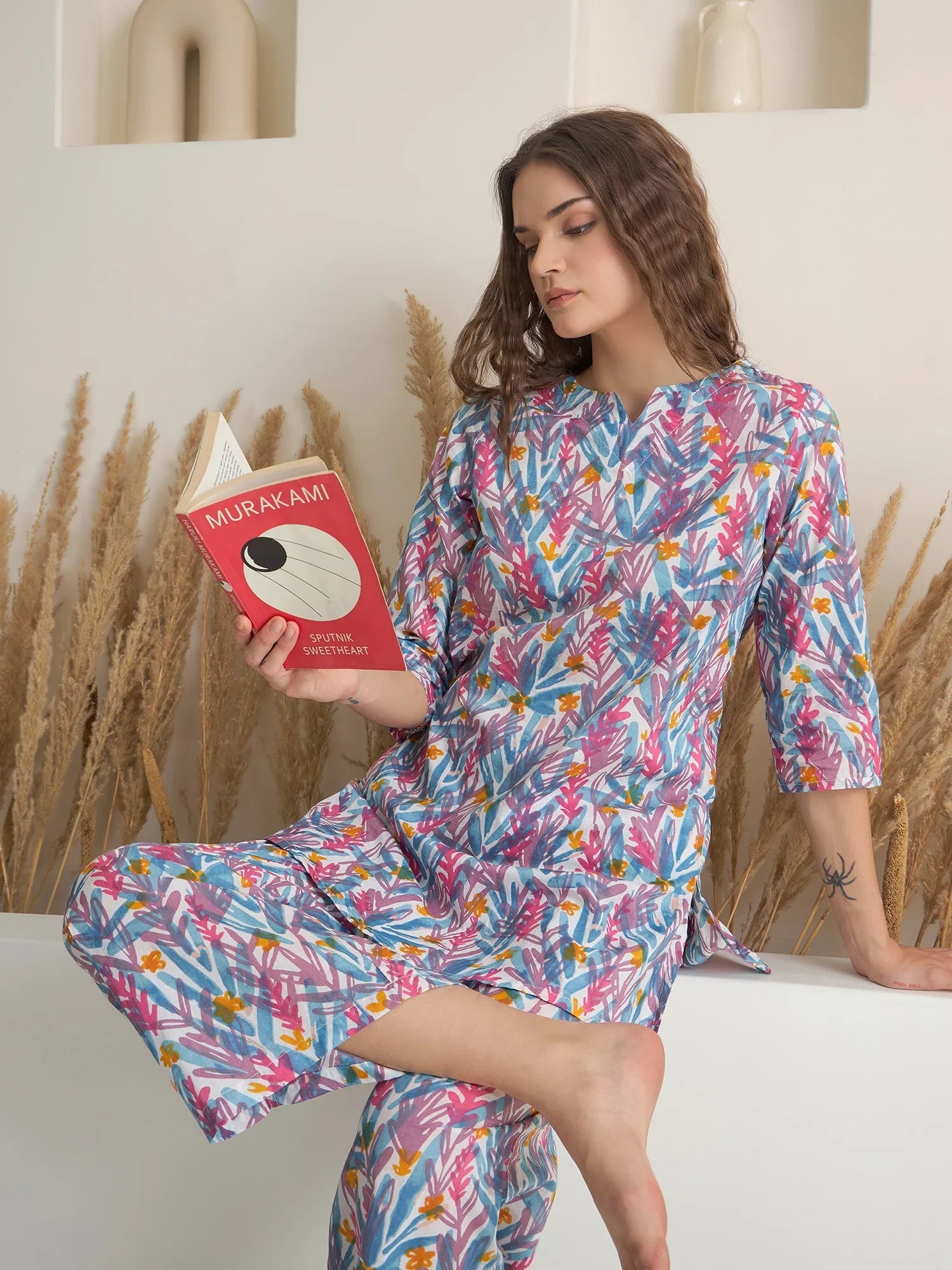 Blue Floral Printed Cotton Night Suit for Women - SanskrutiHomes