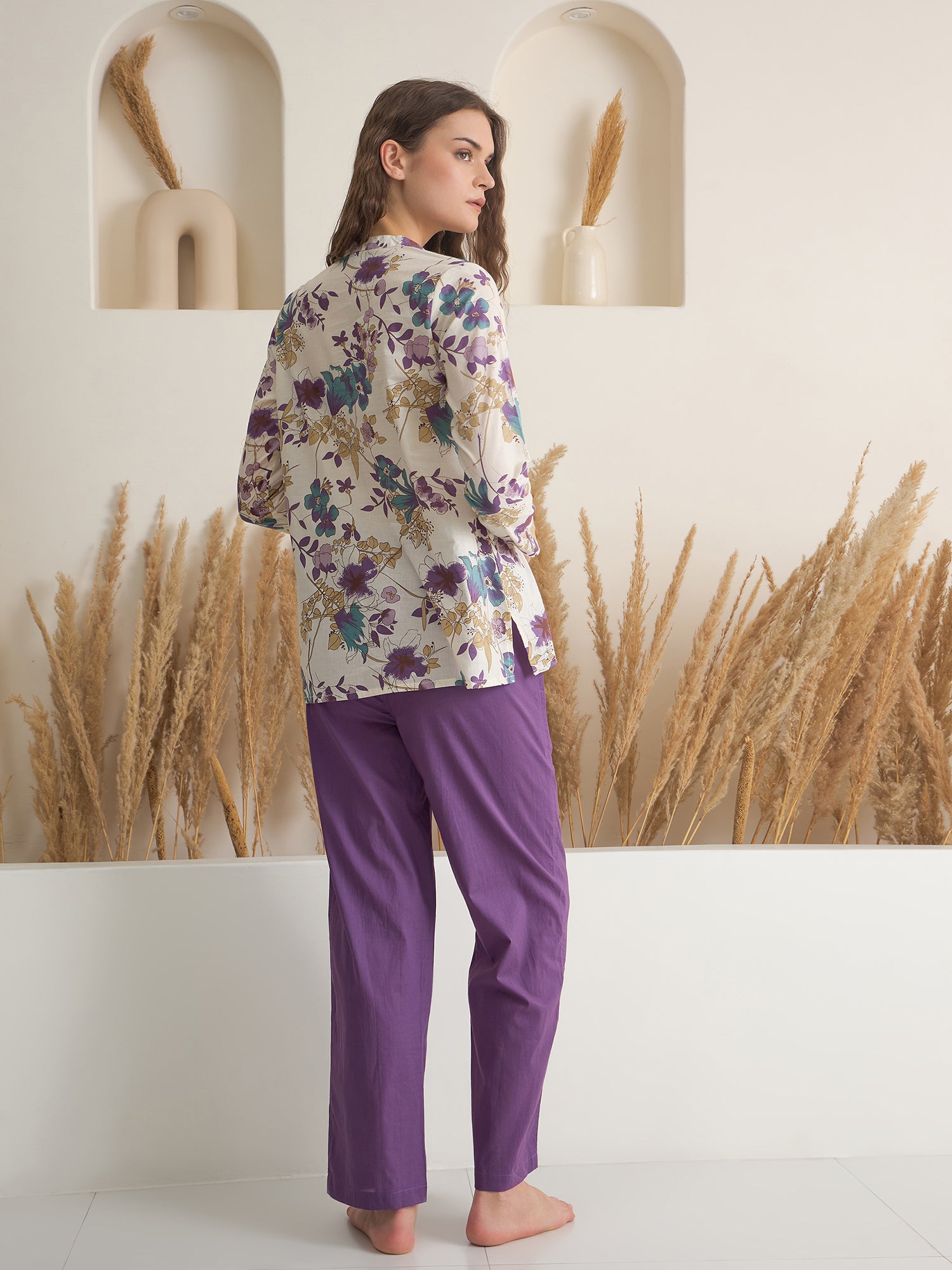 White V-Neck Pure Cotton Printed Night Suit for Women