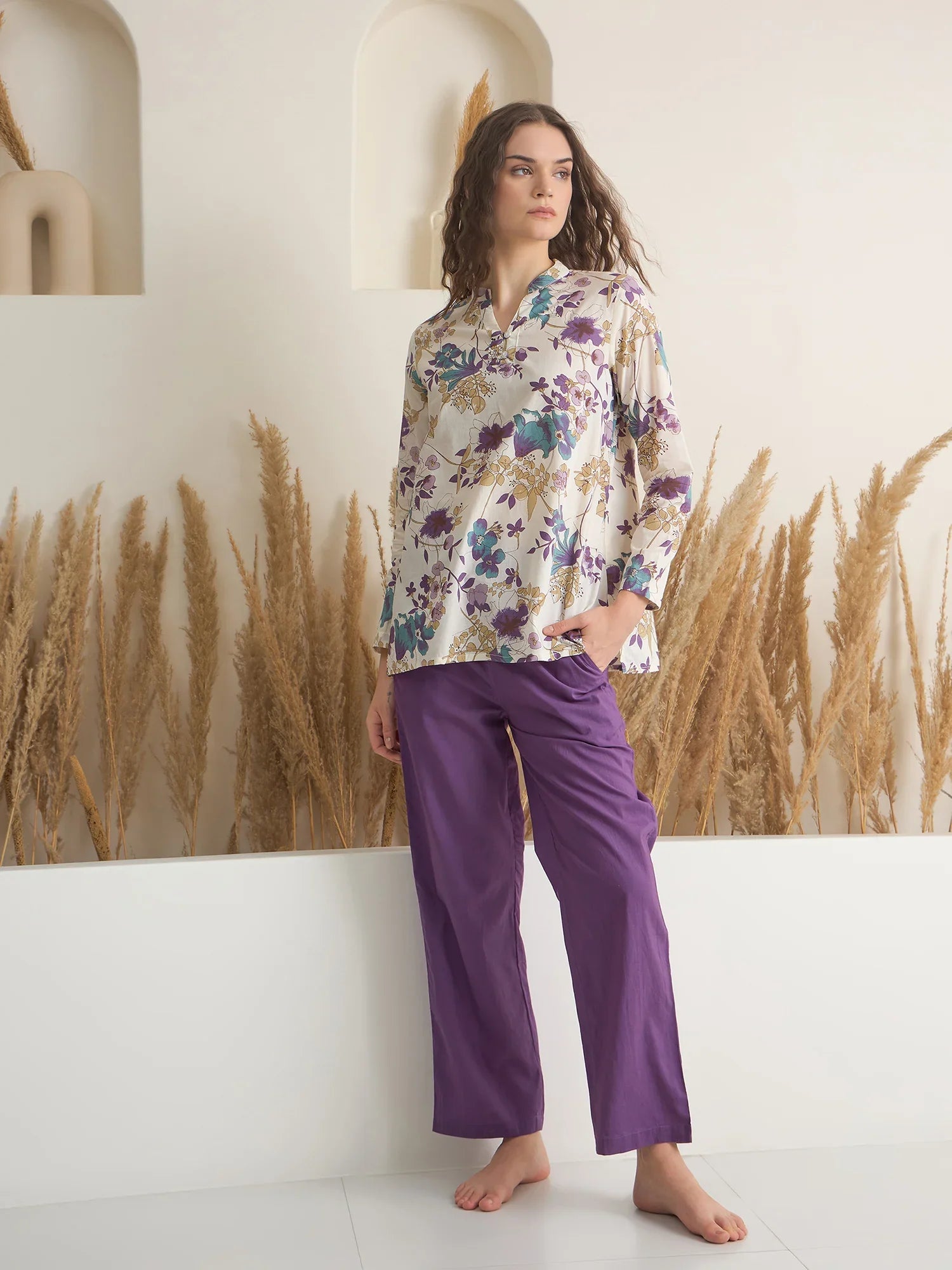 White V-Neck Pure Cotton Printed Night Suit for Women - SanskrutiHomes