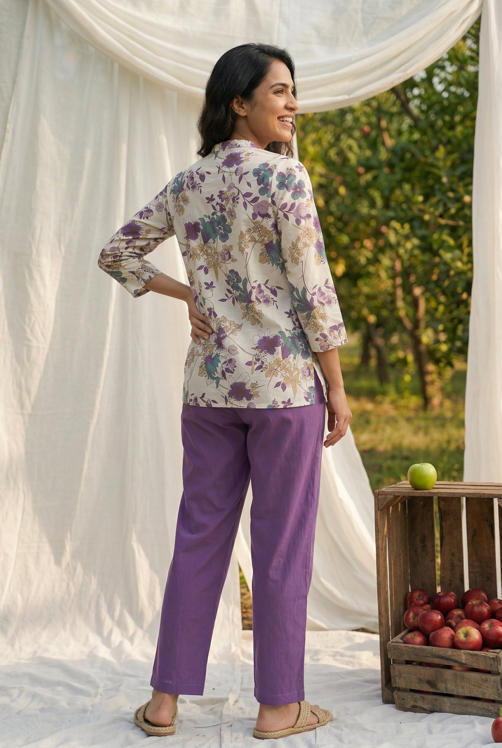 White Floral Print V-Neck Pure Cotton Night Suit For Women