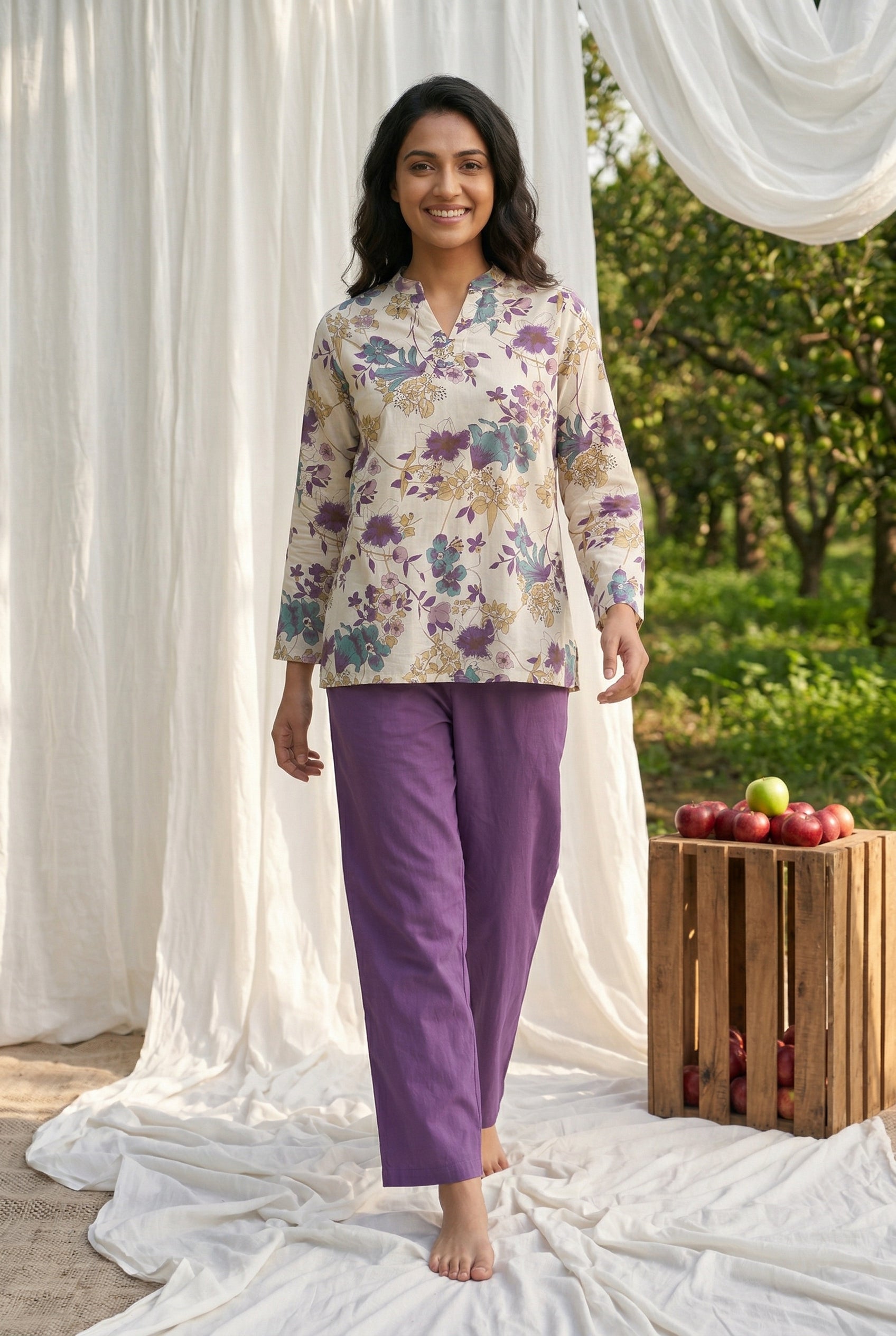 White Floral Print V-Neck Pure Cotton Night Suit For Women