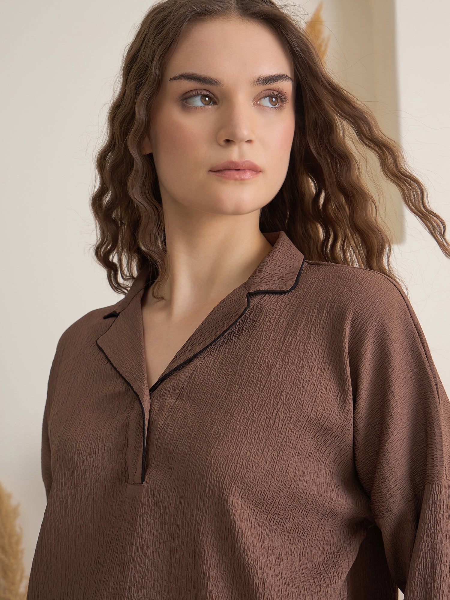 Brown V-Neck Viscose Rayon Solid Night Suit For Women