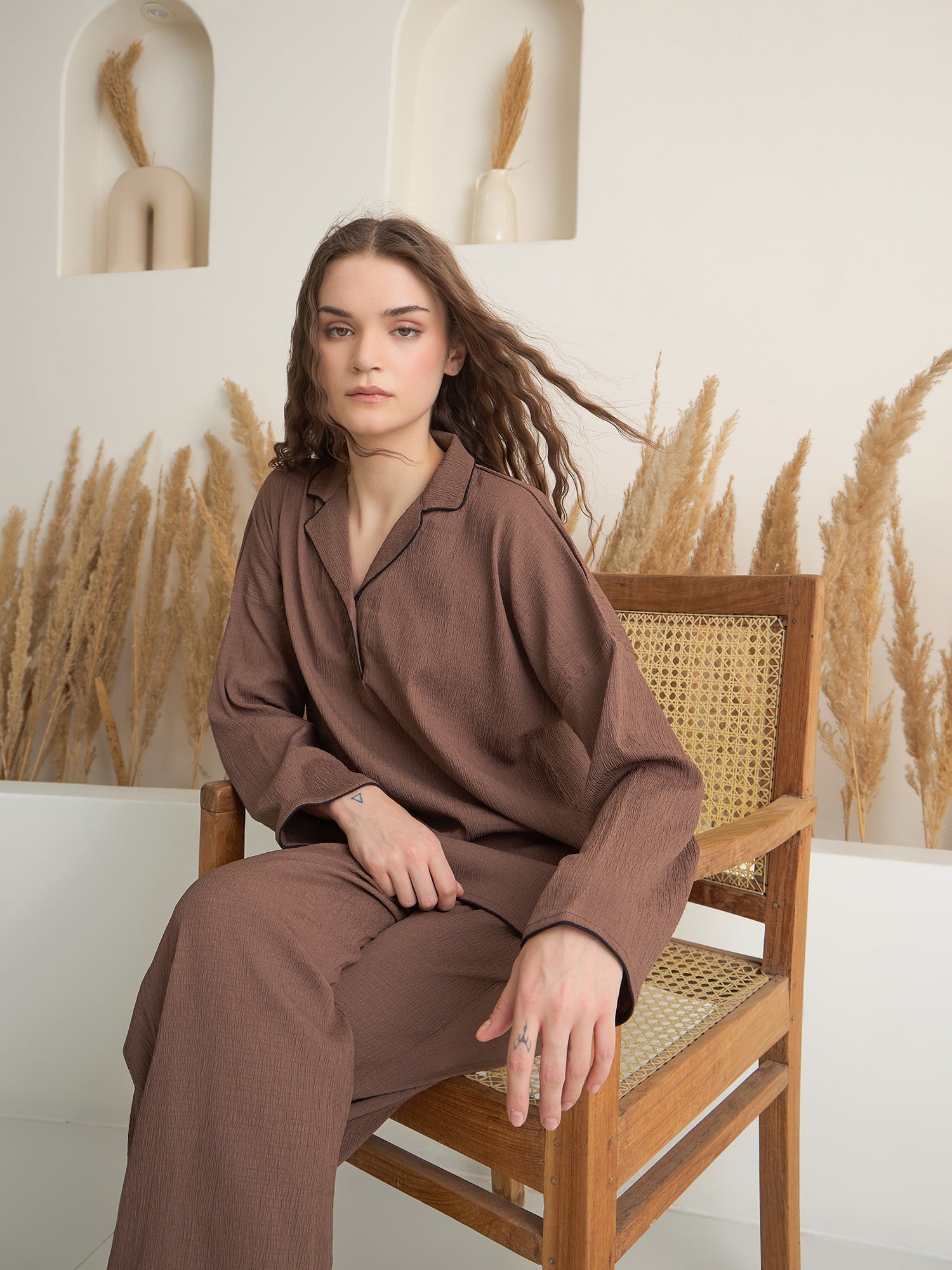 Brown V-Neck Viscose Rayon Solid Night Suit For Women