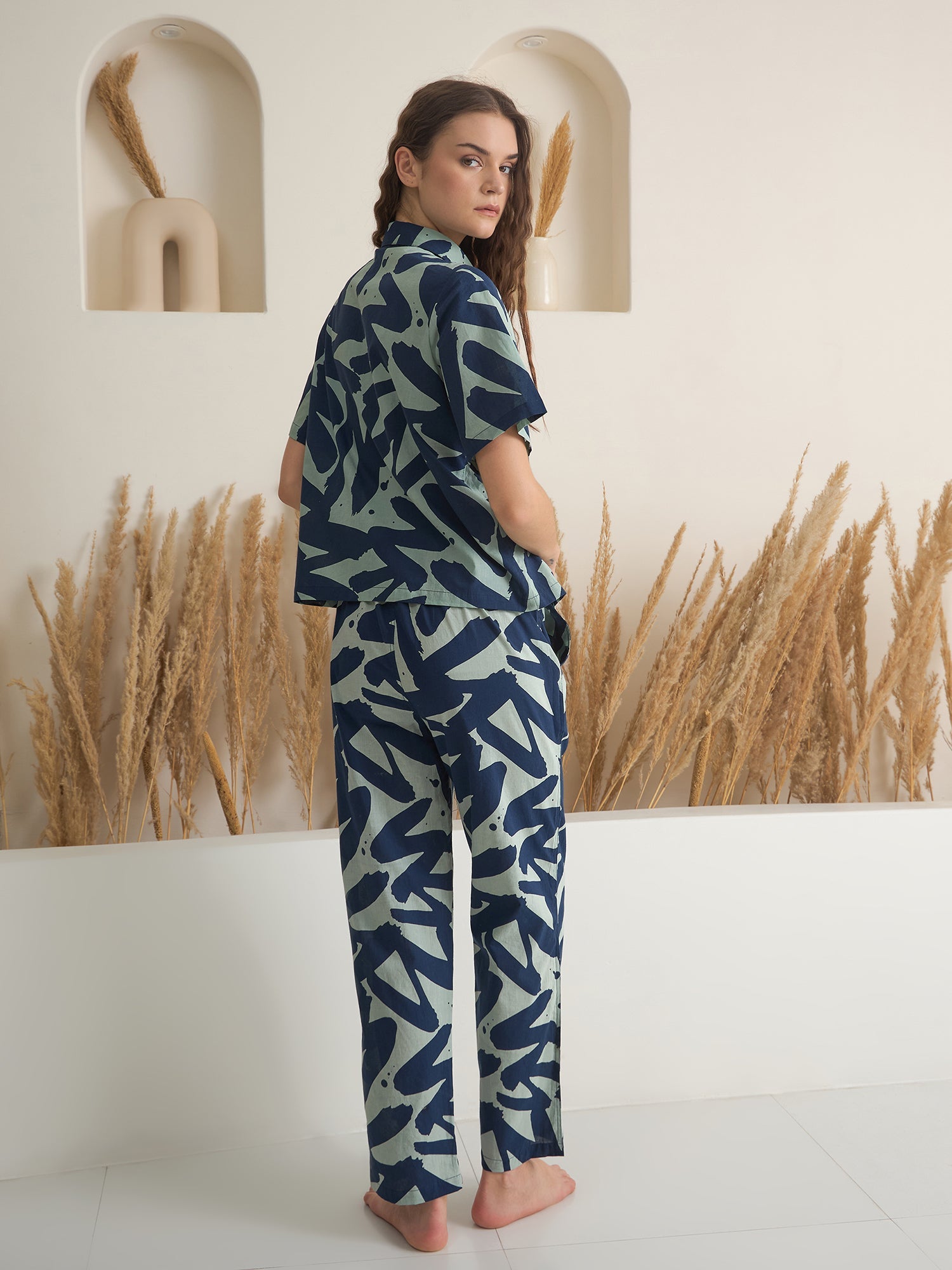 Navy Blue Shirt Collar Printed Night Suit - SanskrutiHomes