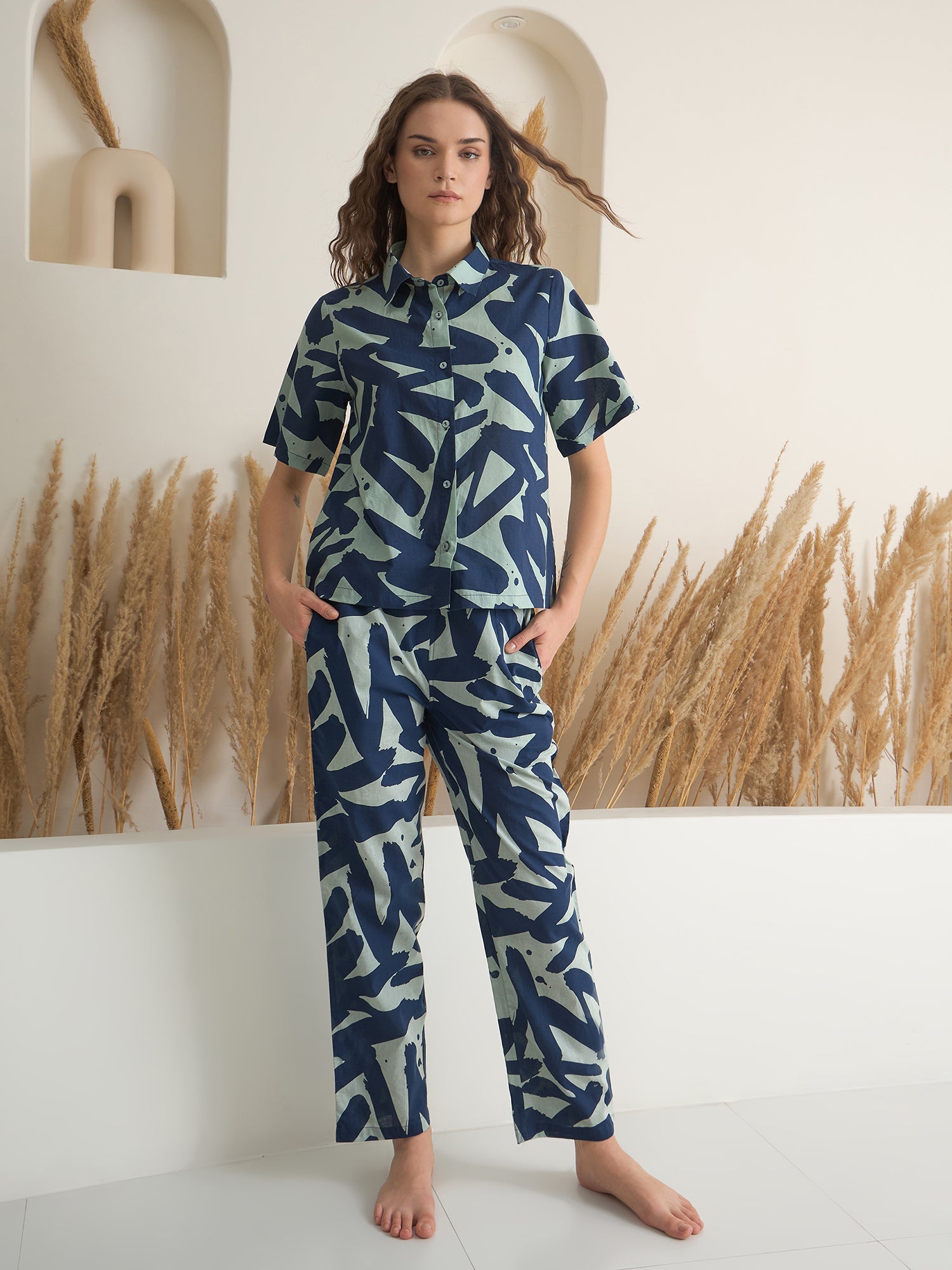 Navy Blue Shirt Collar Printed Night Suit