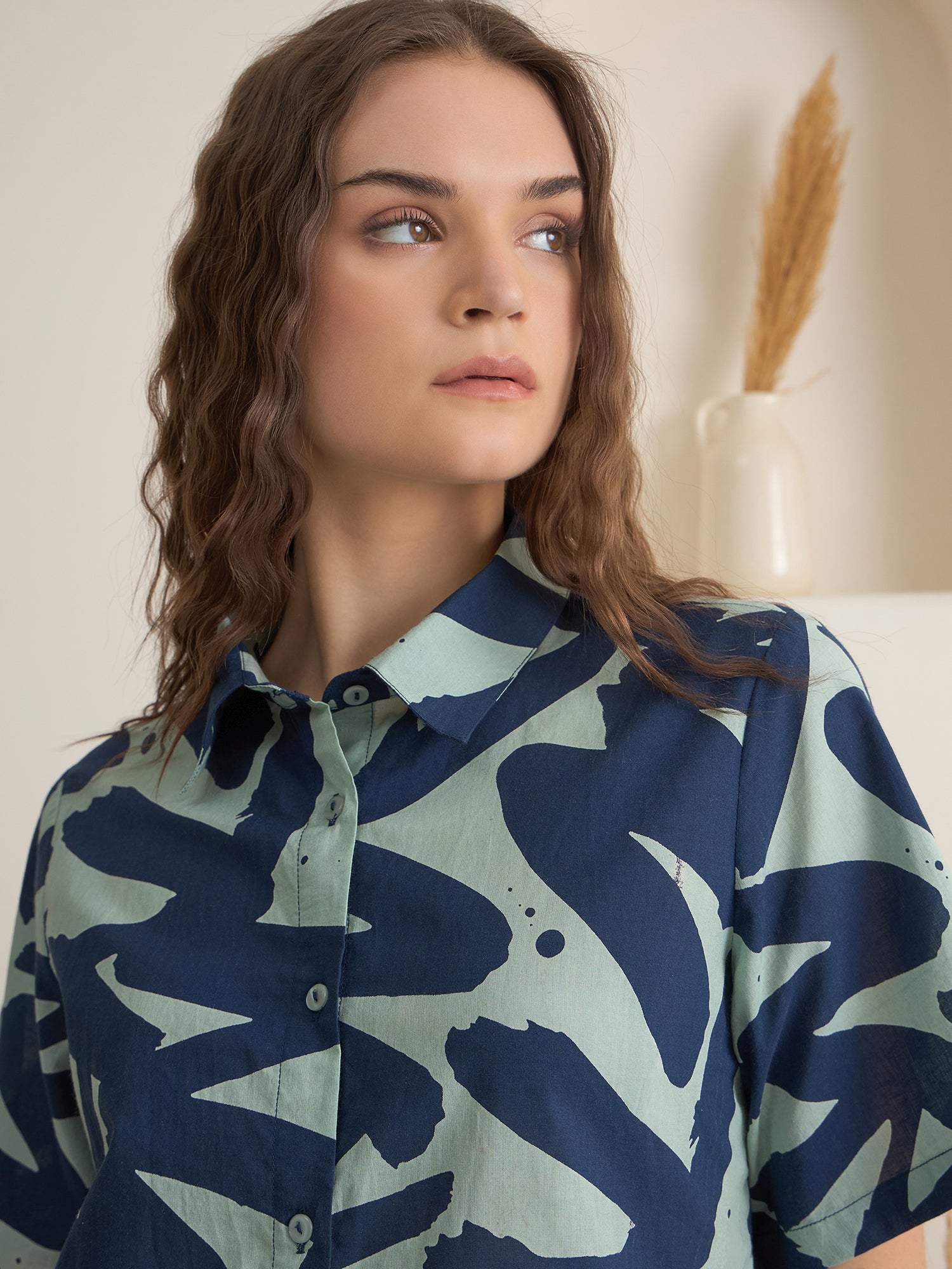 Navy Blue Shirt Collar Printed Night Suit