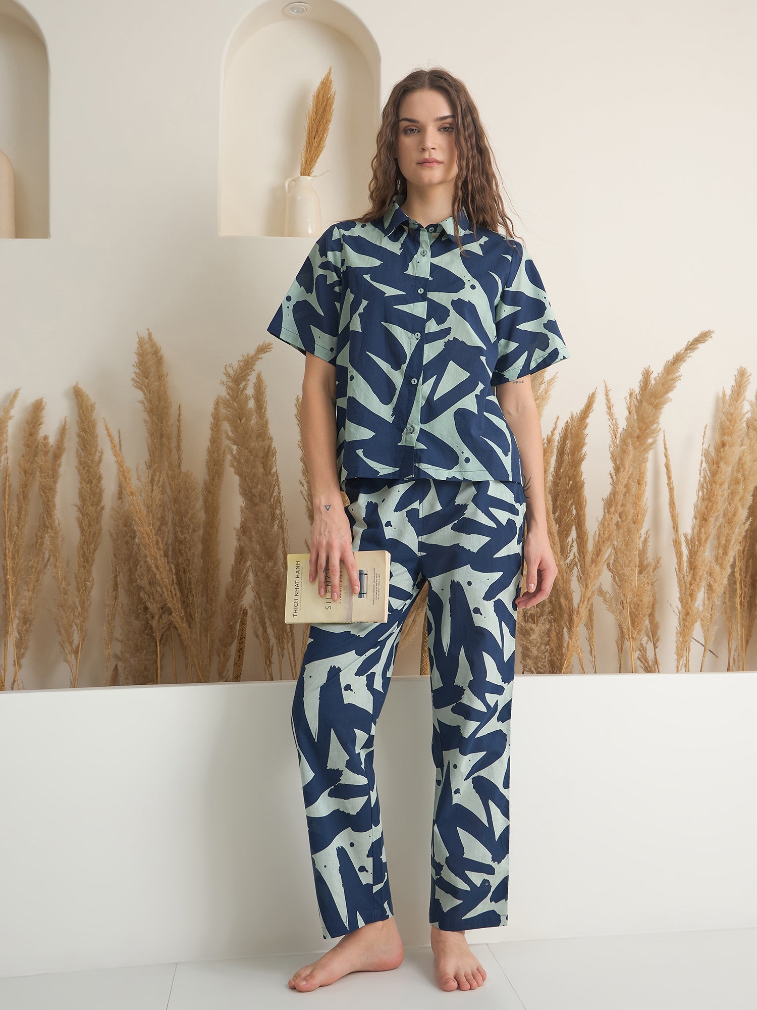 Navy Blue Shirt Collar Printed Night Suit - SanskrutiHomes