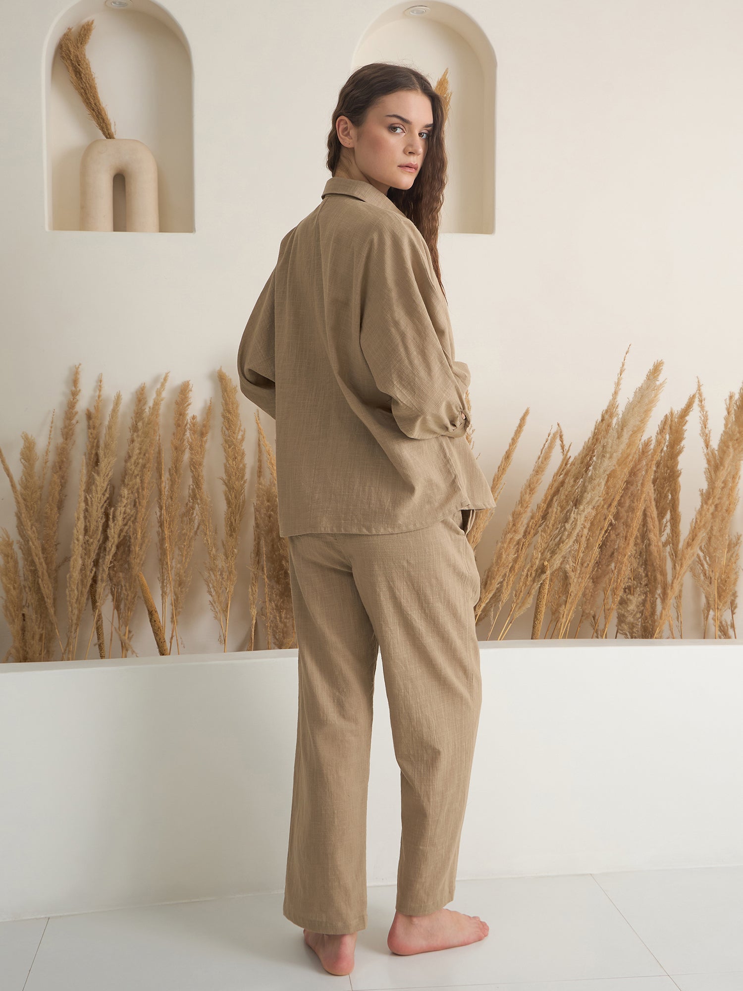 Beige Shirt Collar Pure Cotton Solid Night Suit for Women - SanskrutiHomes