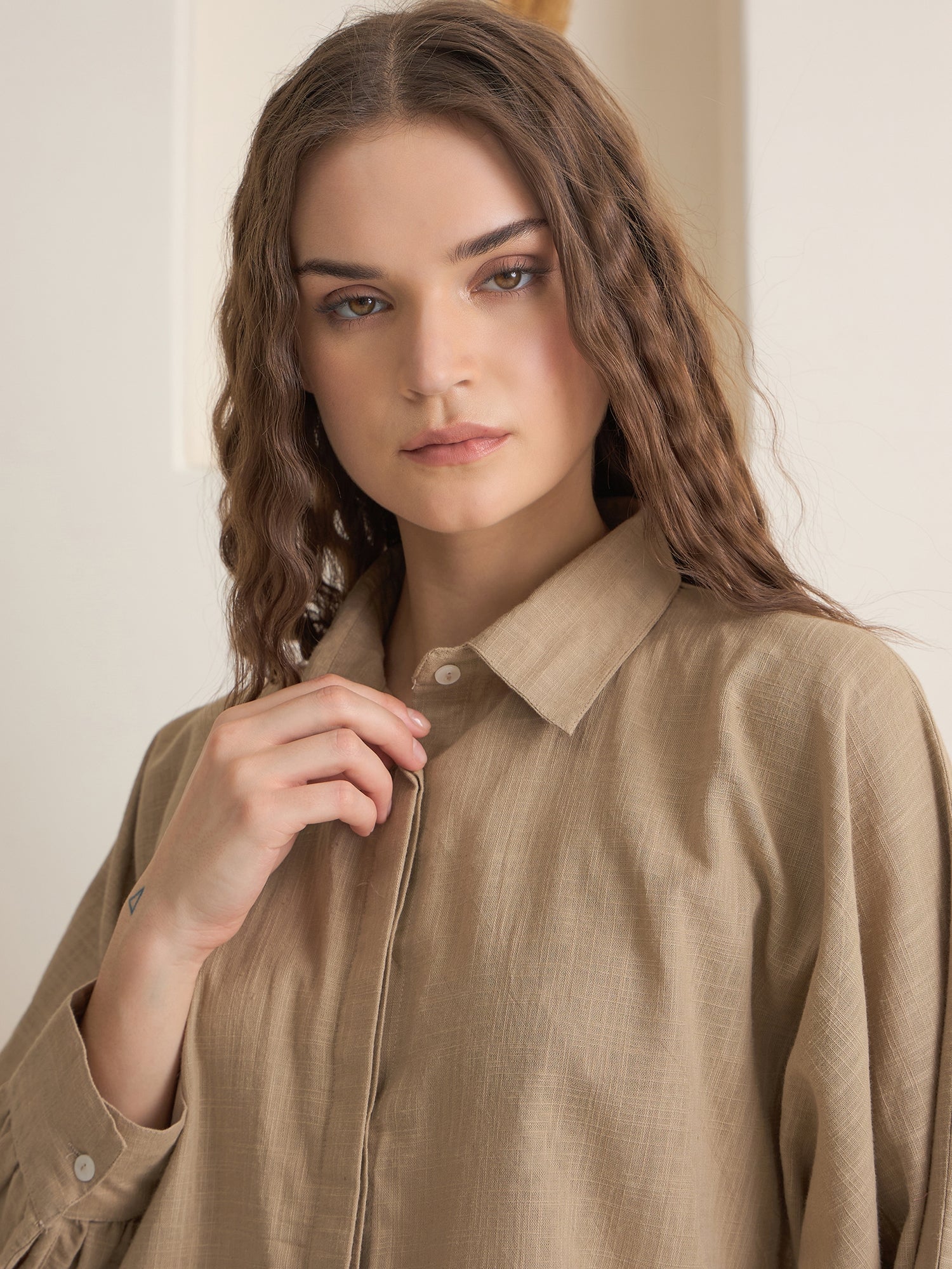 Beige Shirt Collar Pure Cotton Solid Night Suit for Women