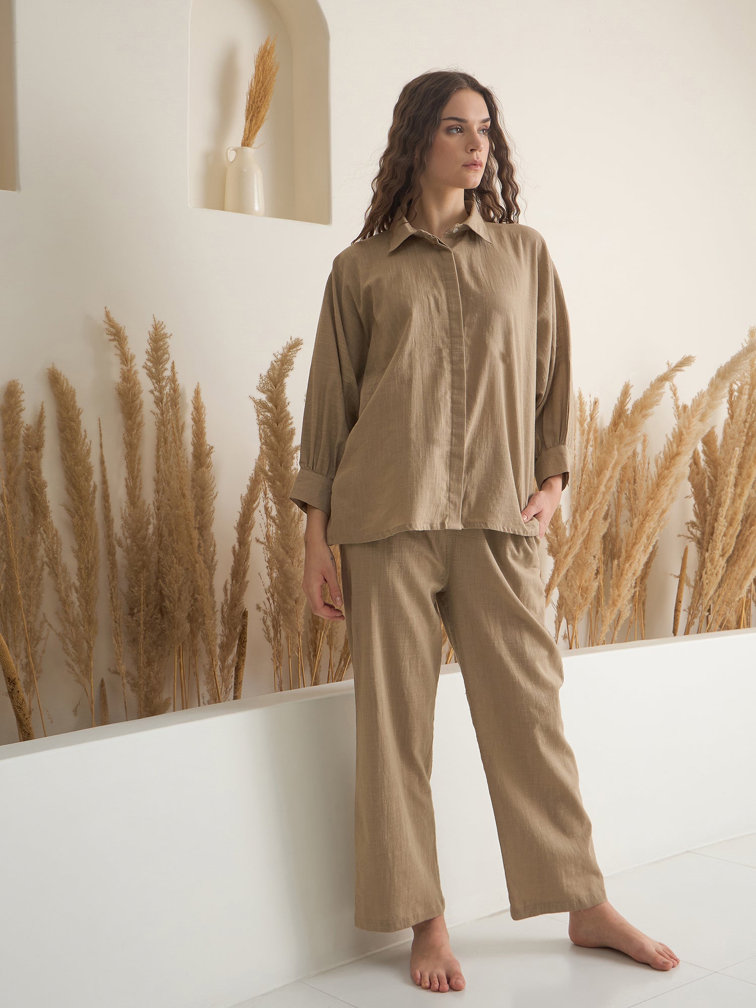 Beige Shirt Collar Pure Cotton Solid Night Suit for Women - SanskrutiHomes