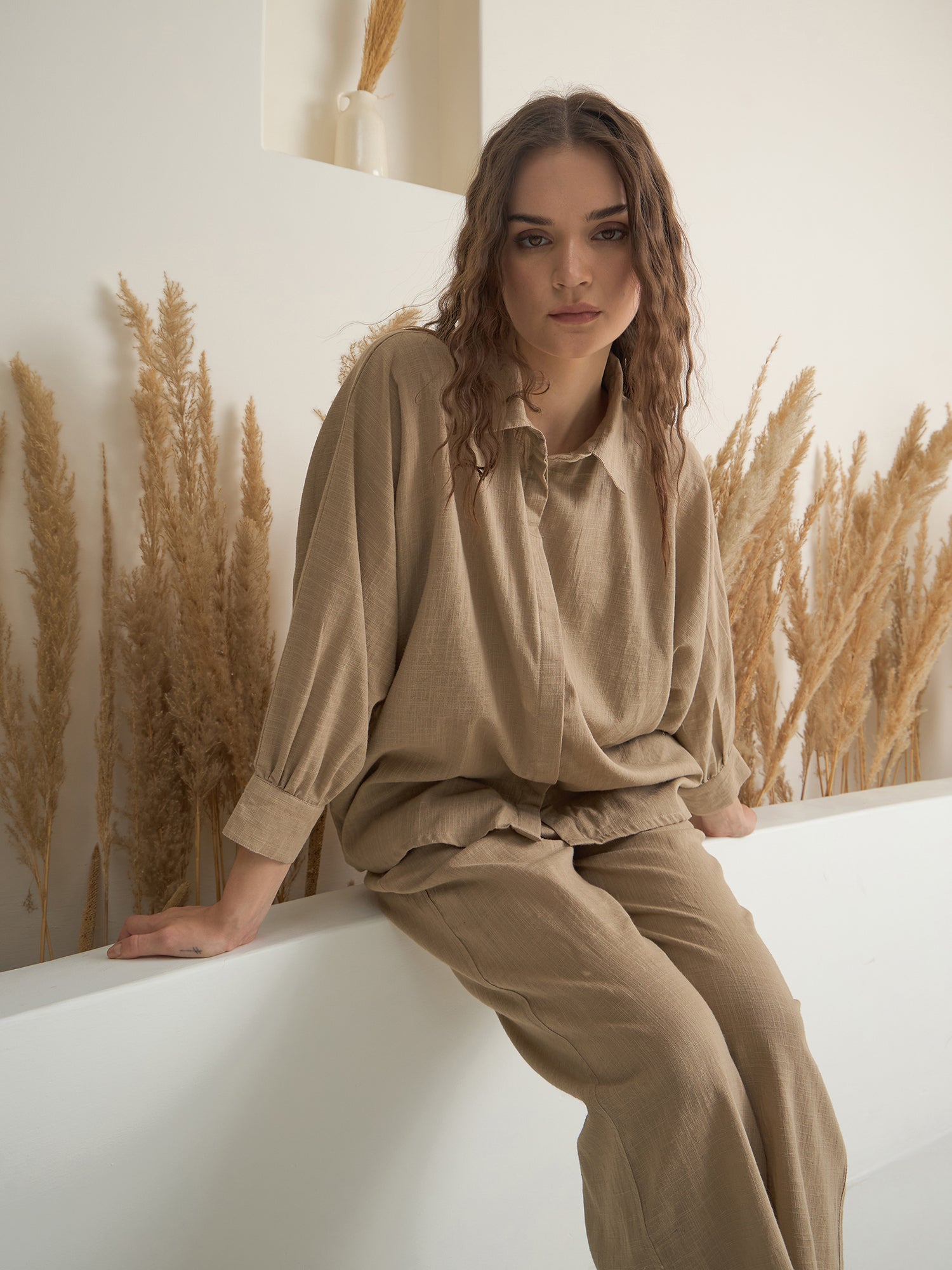 Beige Shirt Collar Pure Cotton Solid Night Suit for Women