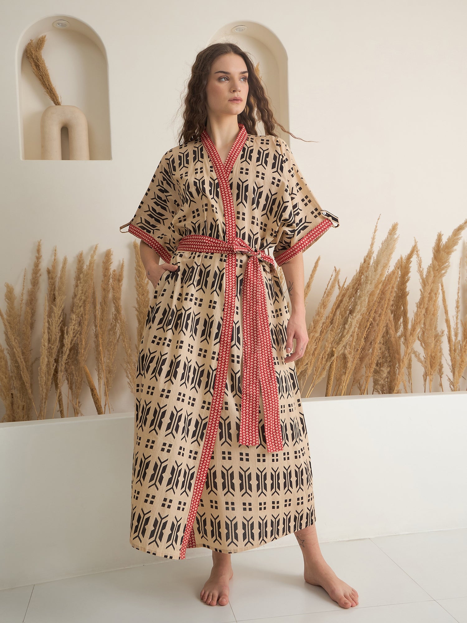 Brown Cotton Printed Bath Robe for Women