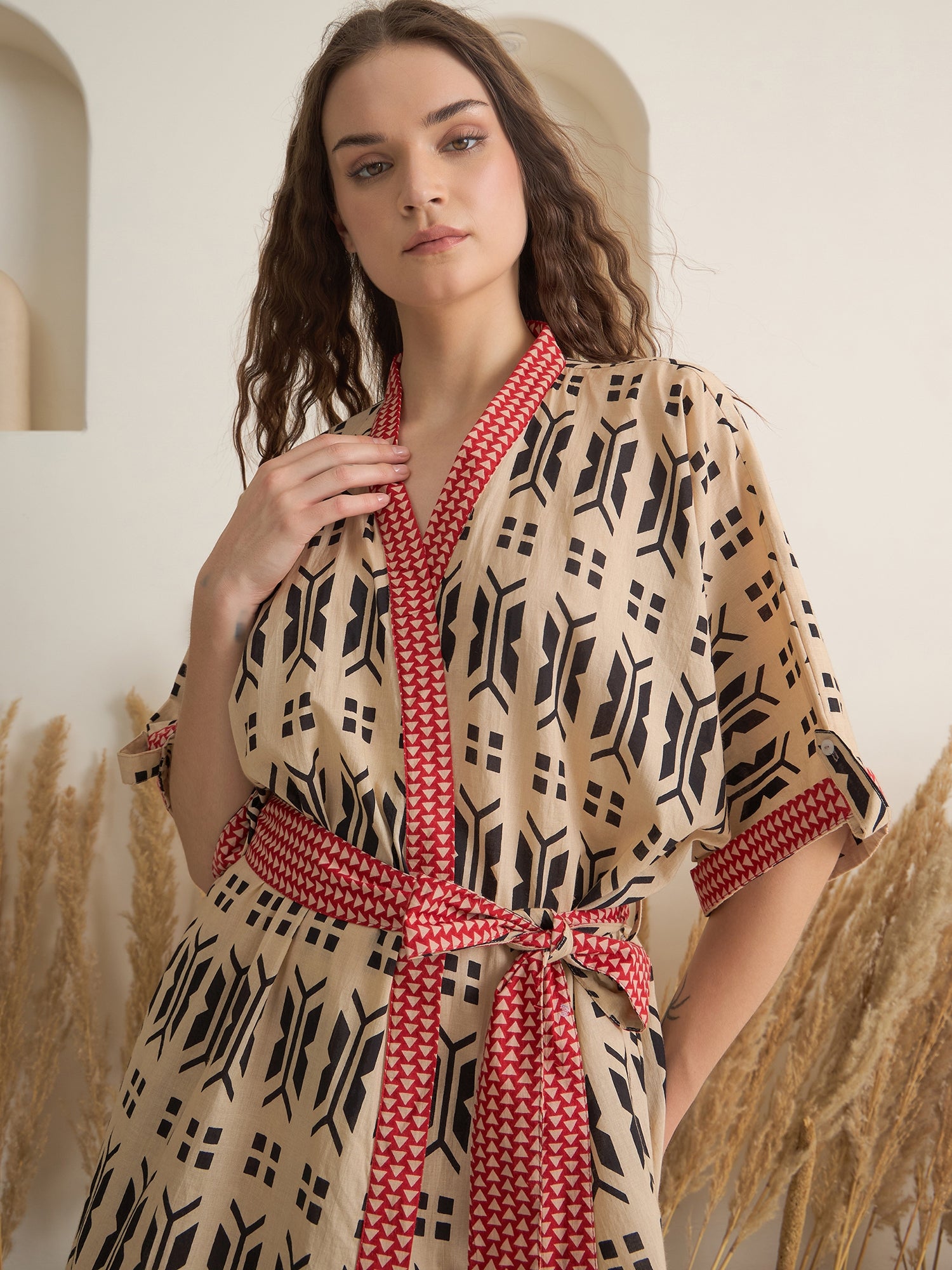 Brown Cotton Printed Bath Robe for Women