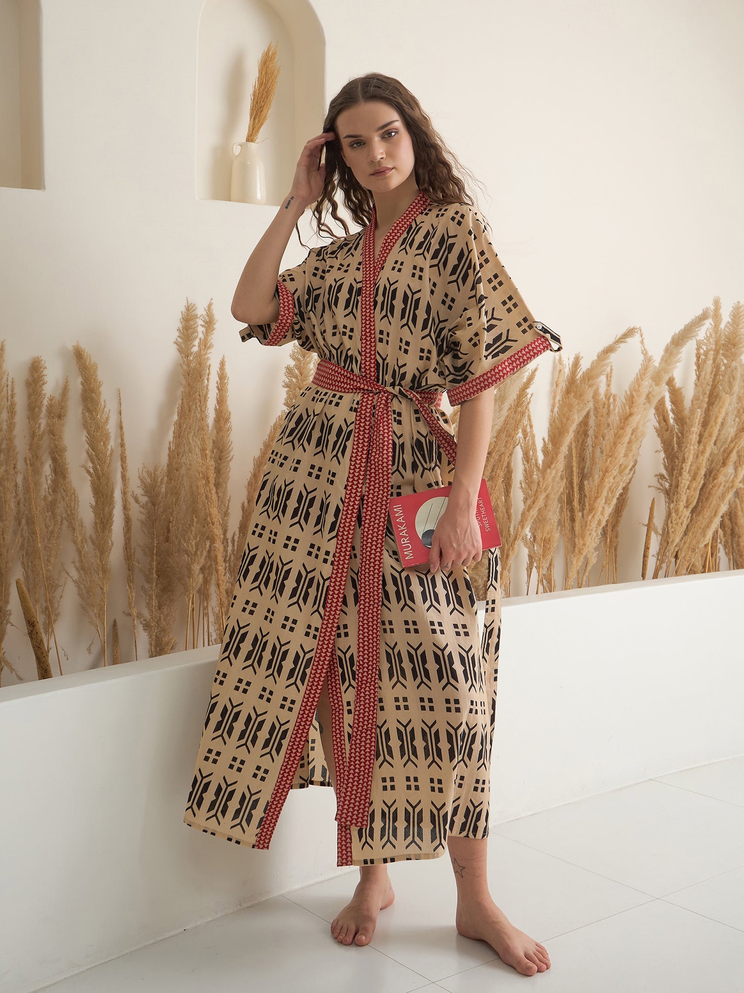 Brown Cotton Printed Bath Robe for Women