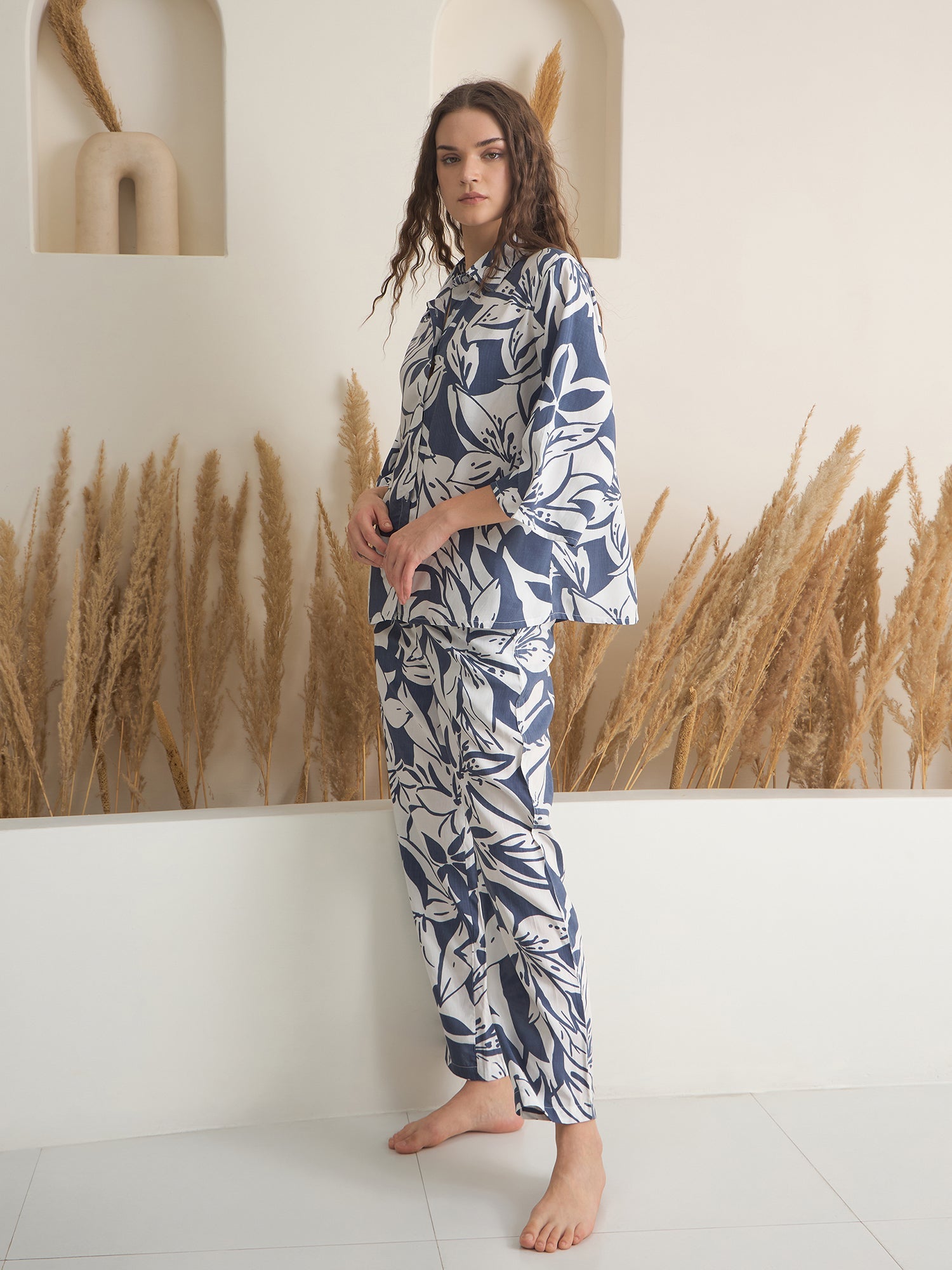 Blue Shirt Collar Viscose Rayon Printed Night Suit for Women - SanskrutiHomes