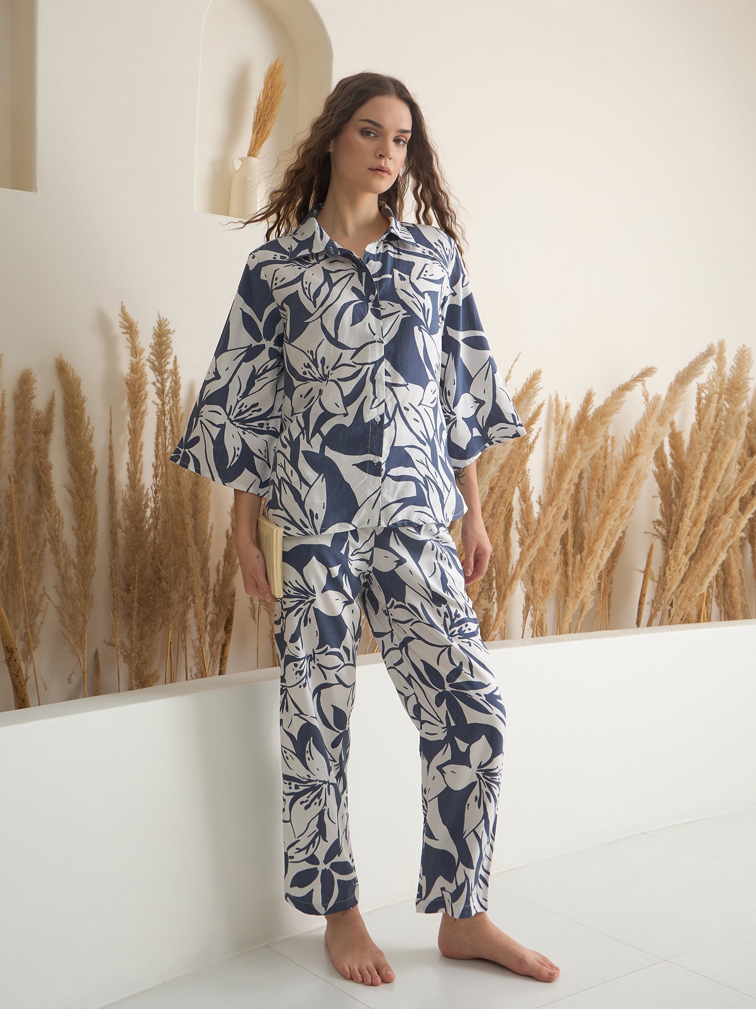 Blue Shirt Collar Viscose Rayon Printed Night Suit for Women - SanskrutiHomes