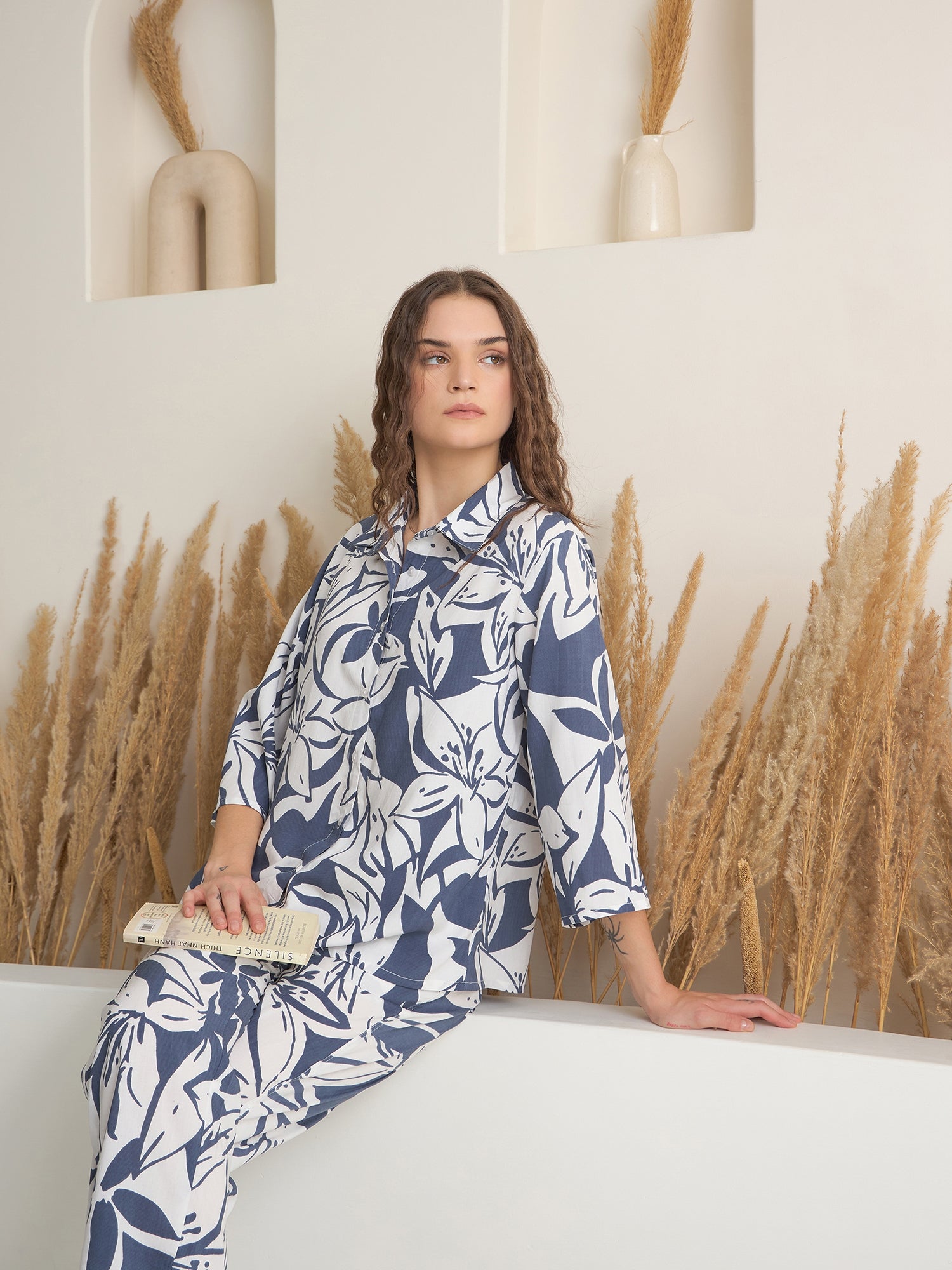 Blue Shirt Collar Viscose Rayon Printed Night Suit for Women