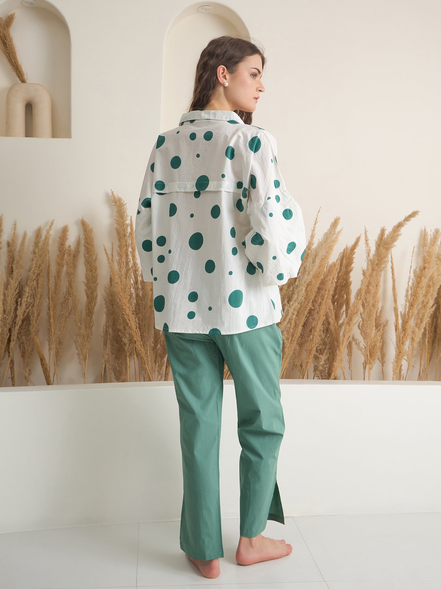 Green V-Neck Polyester Co-ords Set for Women