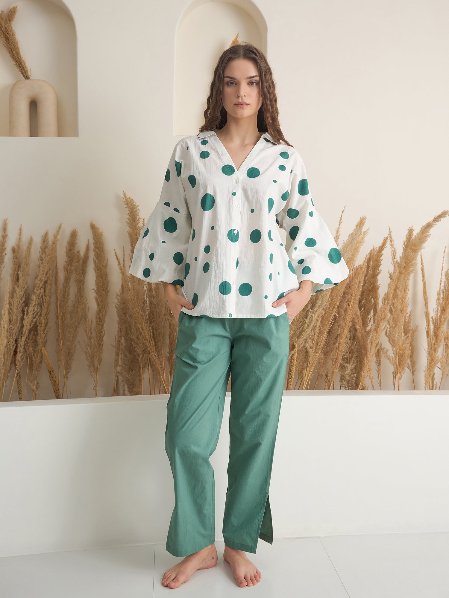Green V-Neck Polyester Co-ords Set for Women