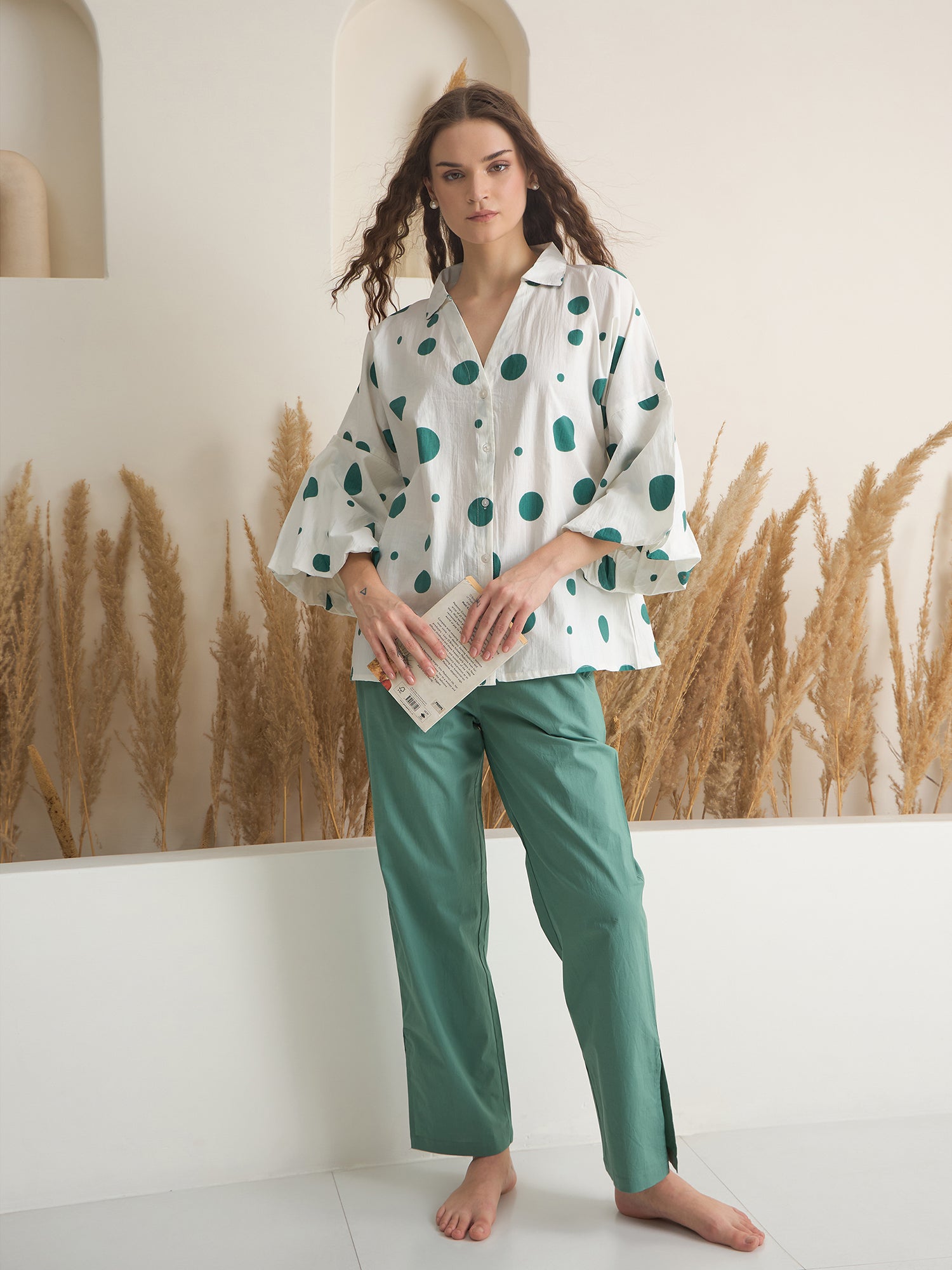 Green V-Neck Polyester Co-ords Set for Women