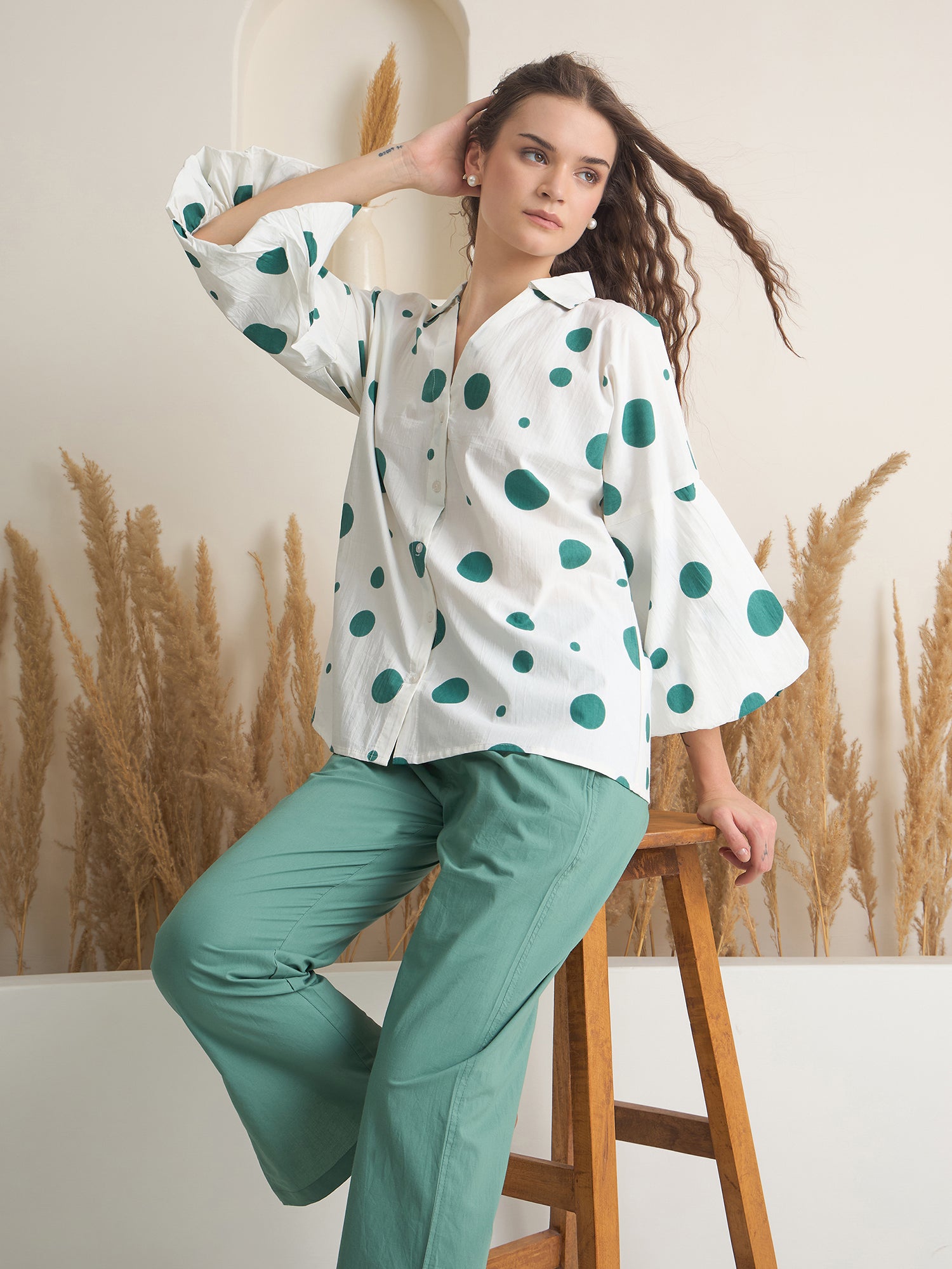 Green V-Neck Polyester Co-ords Set for Women