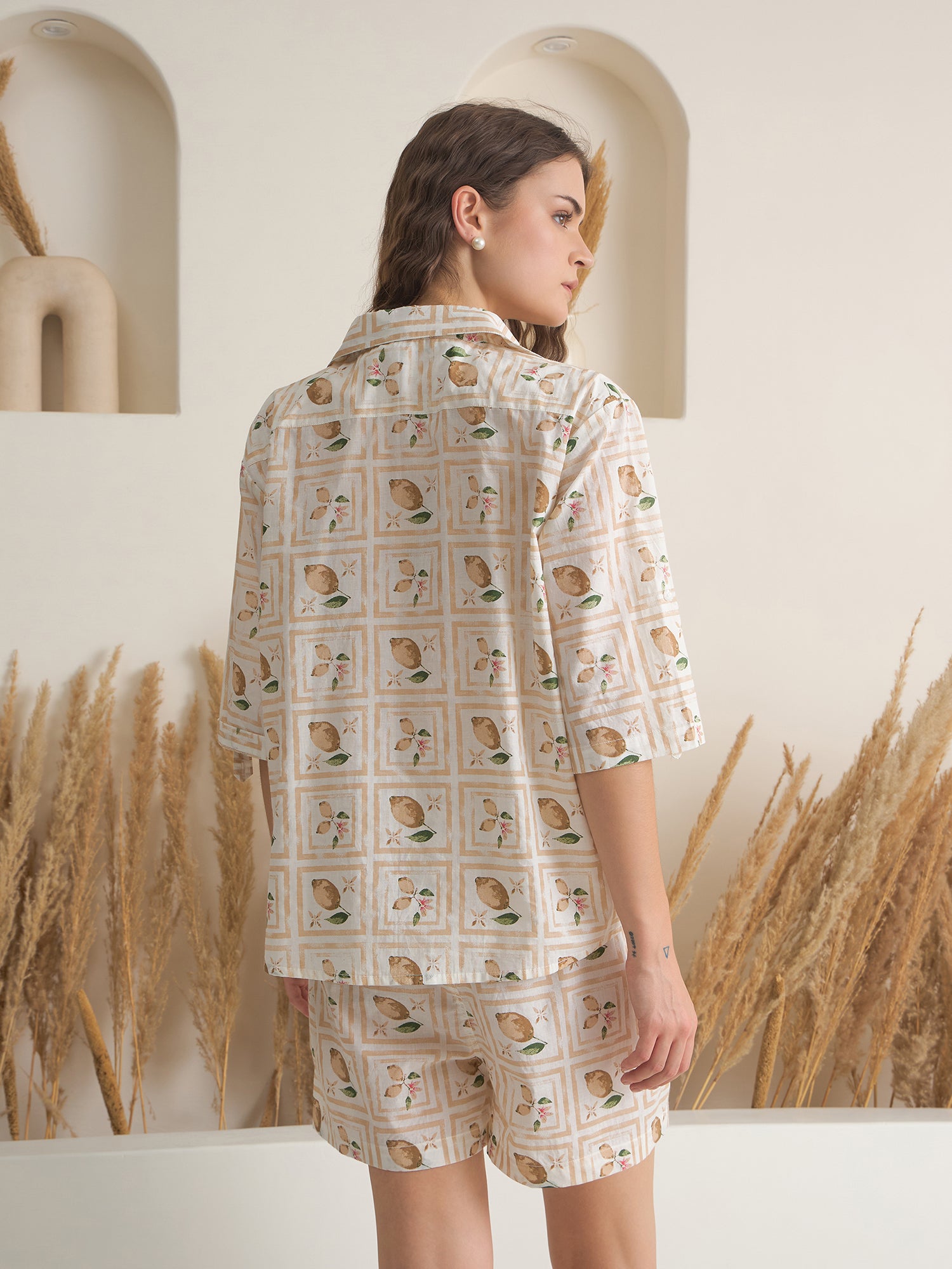 Cream Shirt Collar Pure Cotton Printed Night Suit for Women