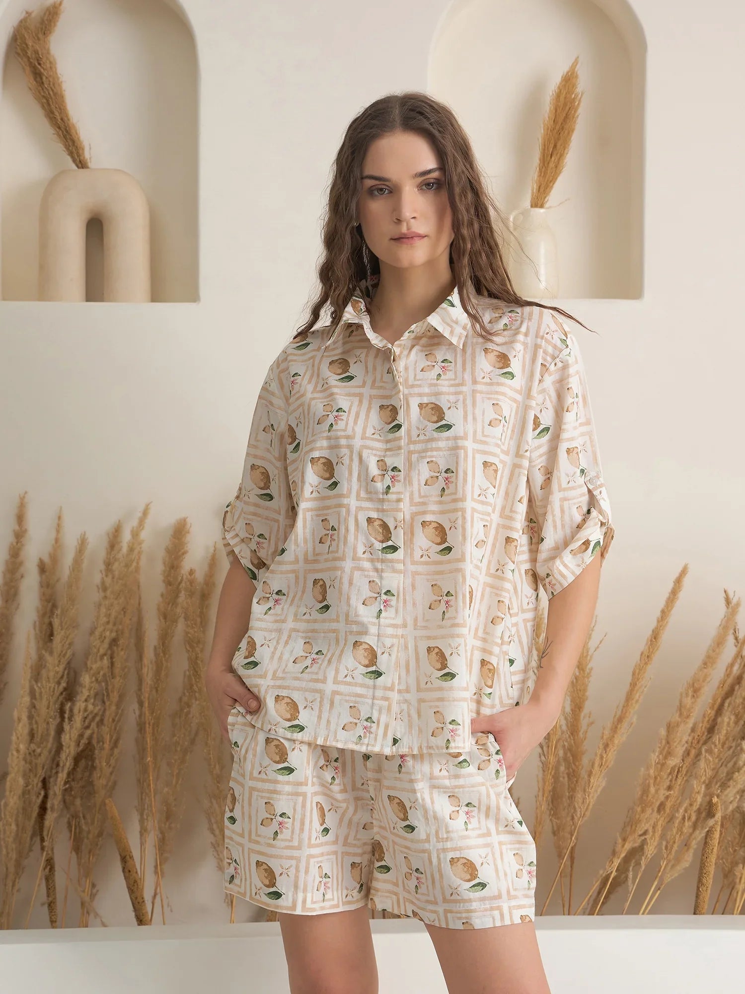 Cream Shirt Collar Pure Cotton Printed Night Suit for Women - SanskrutiHomes
