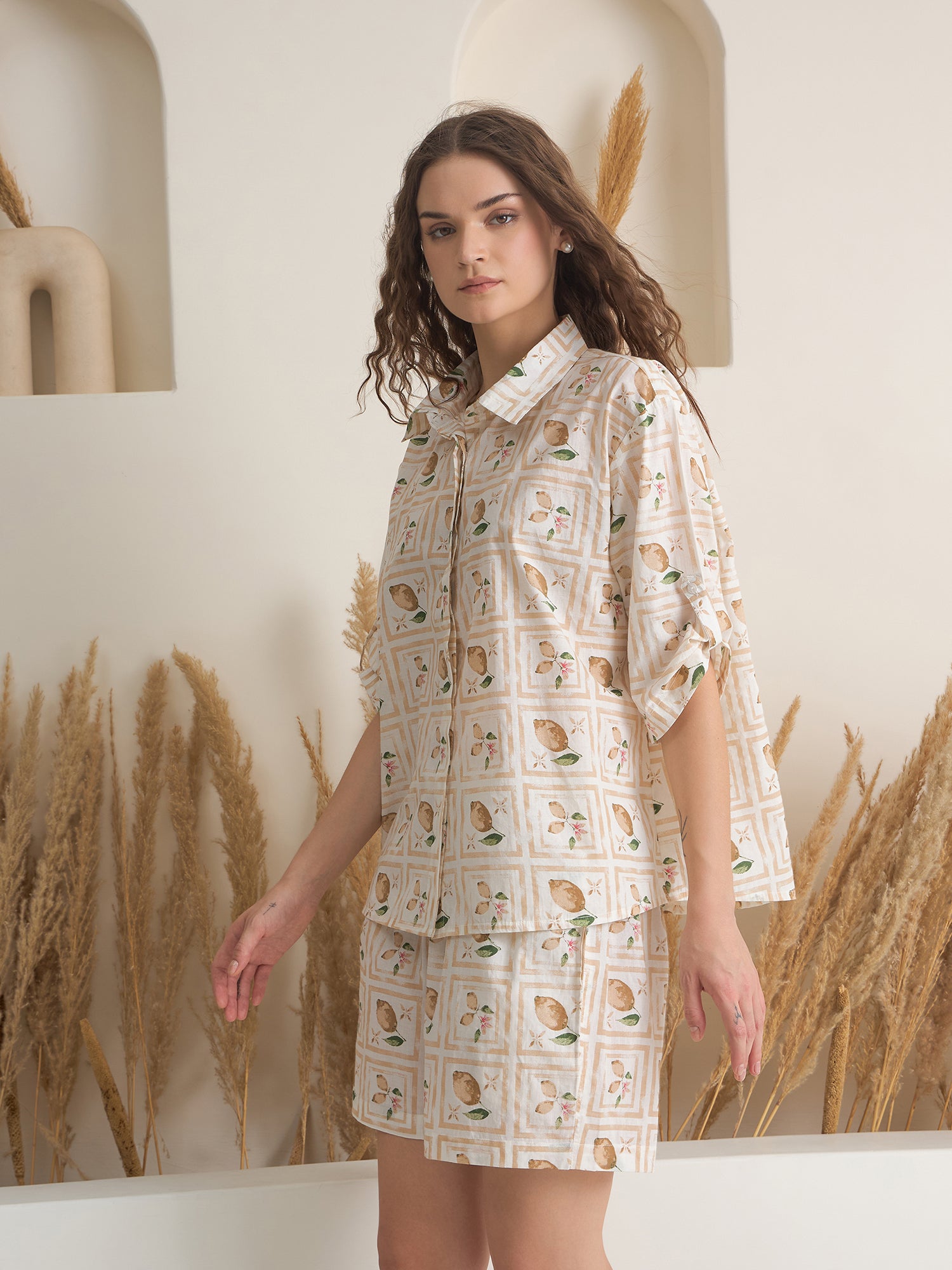 Cream Shirt Collar Pure Cotton Printed Night Suit for Women