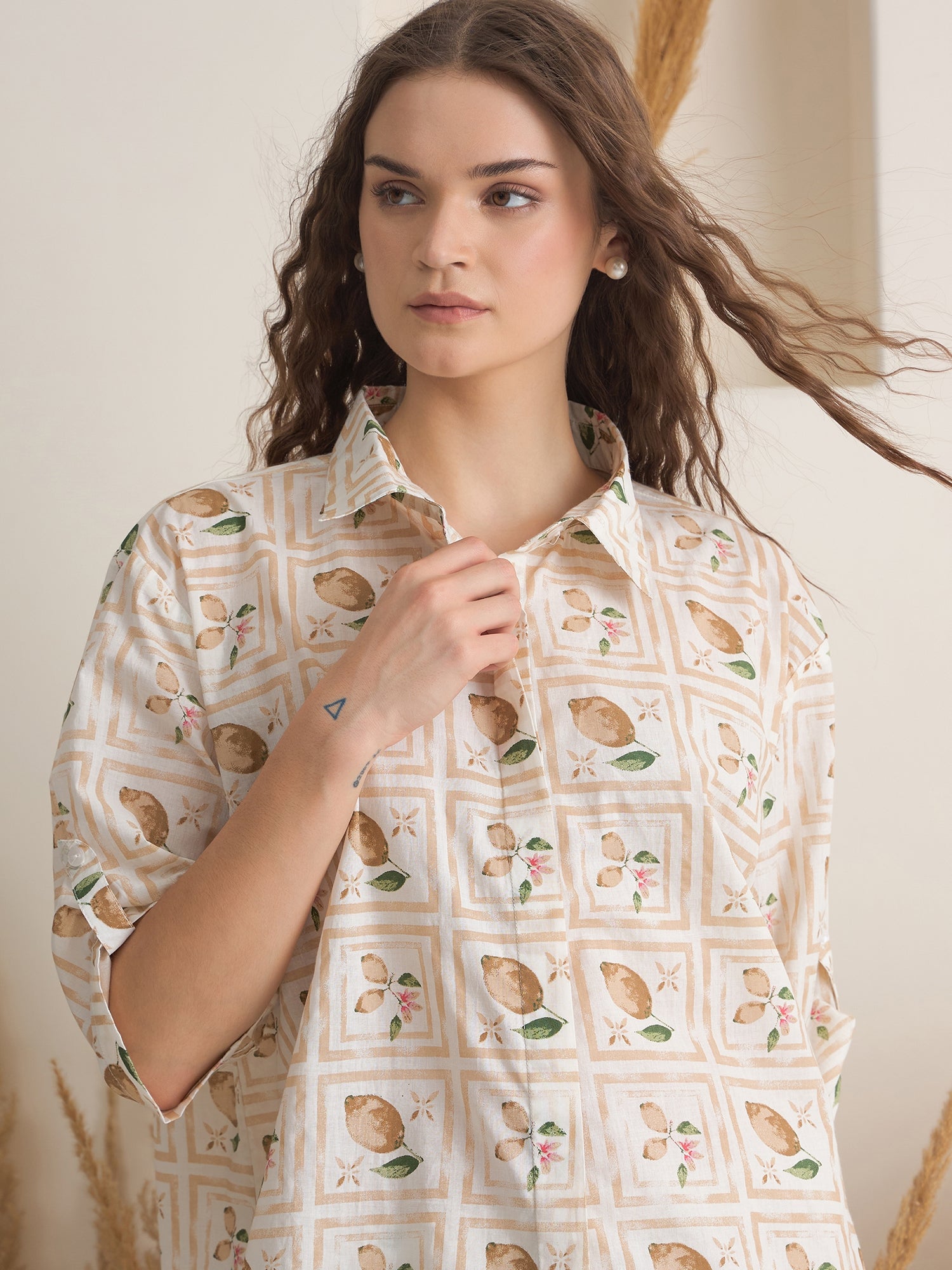 Cream Shirt Collar Pure Cotton Printed Night Suit for Women
