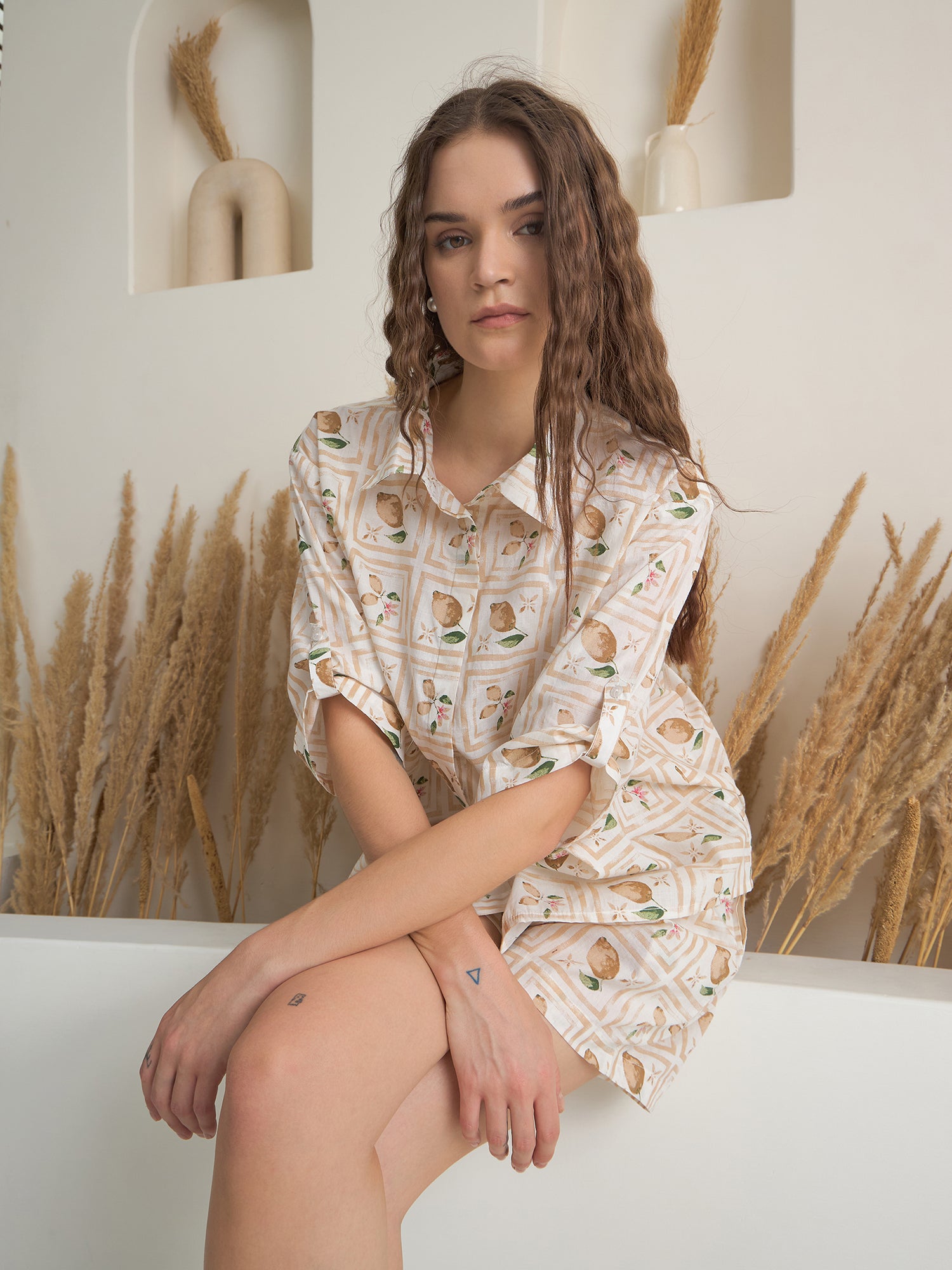 Cream Shirt Collar Pure Cotton Printed Night Suit for Women
