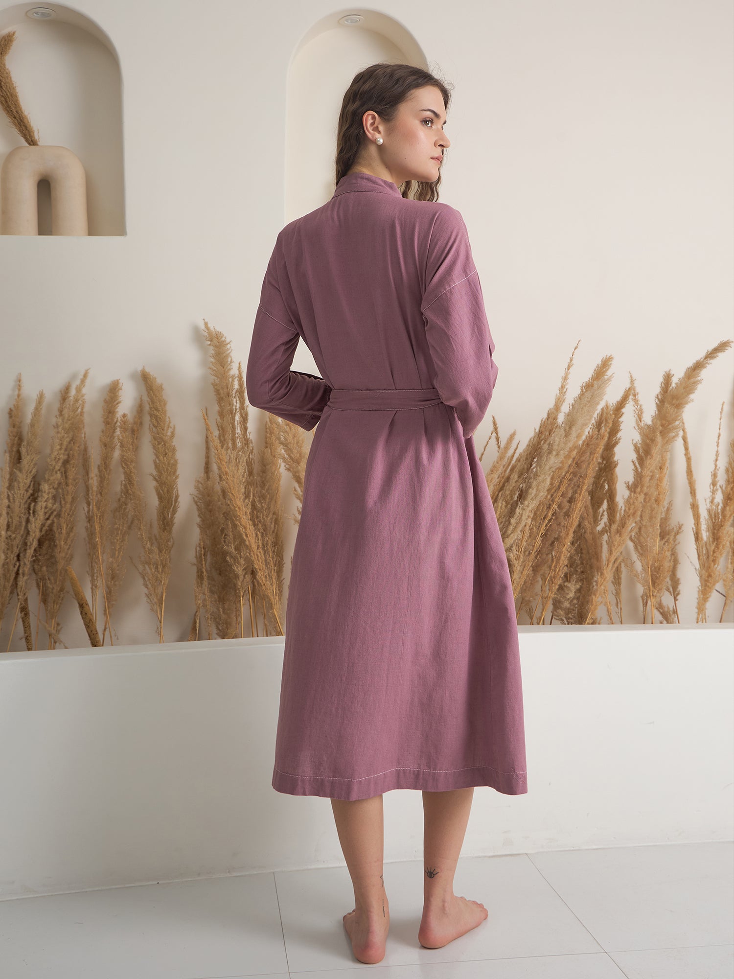 Pink V-Neck Floral Printed Cotton Bath Robe