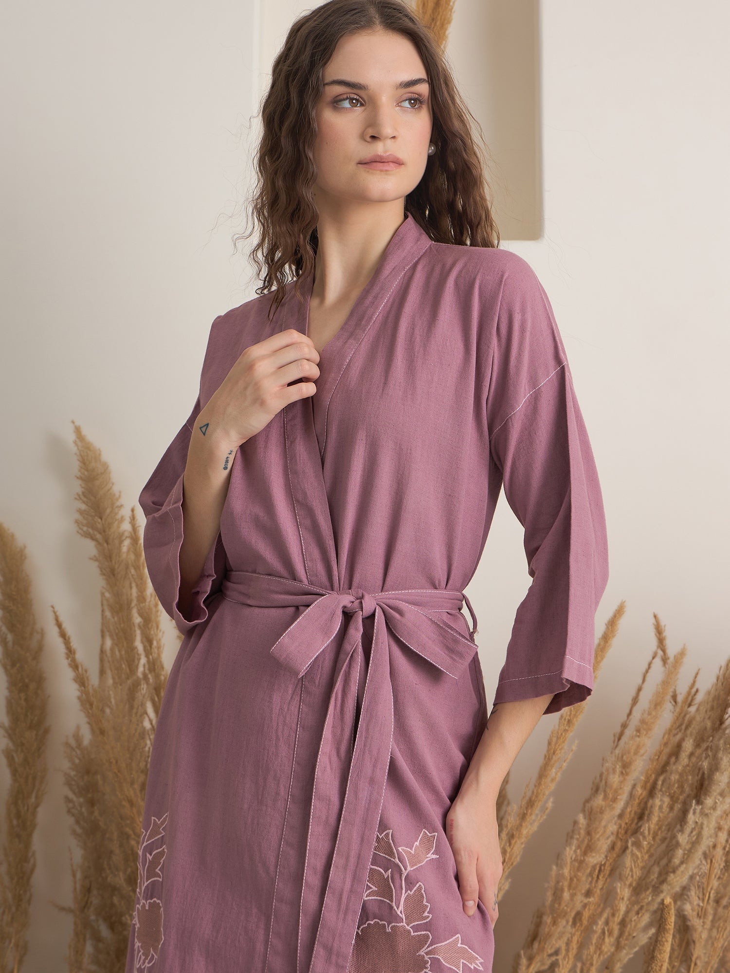 Pink V-Neck Floral Printed Cotton Bath Robe