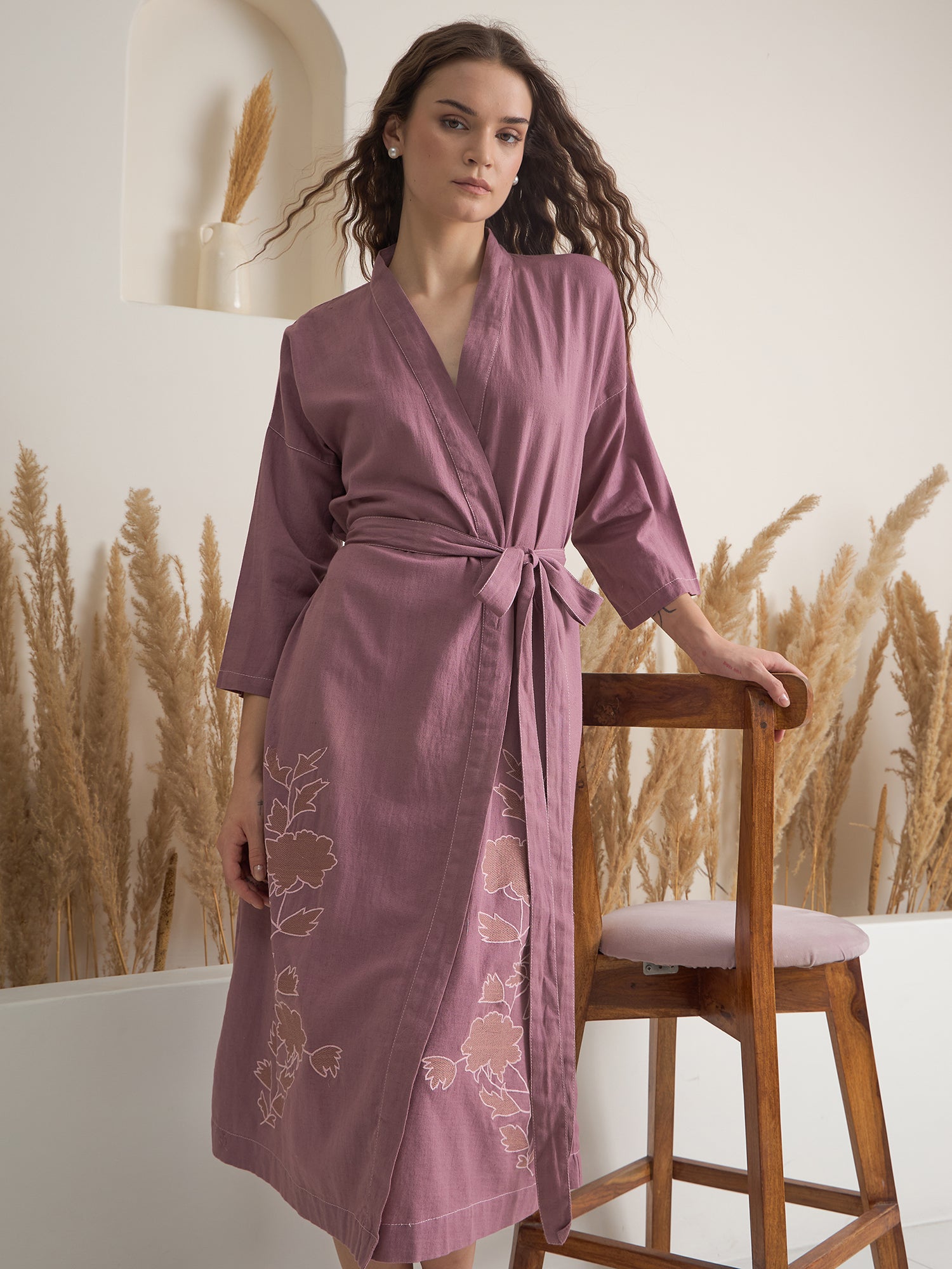 Pink V-Neck Floral Printed Cotton Bath Robe