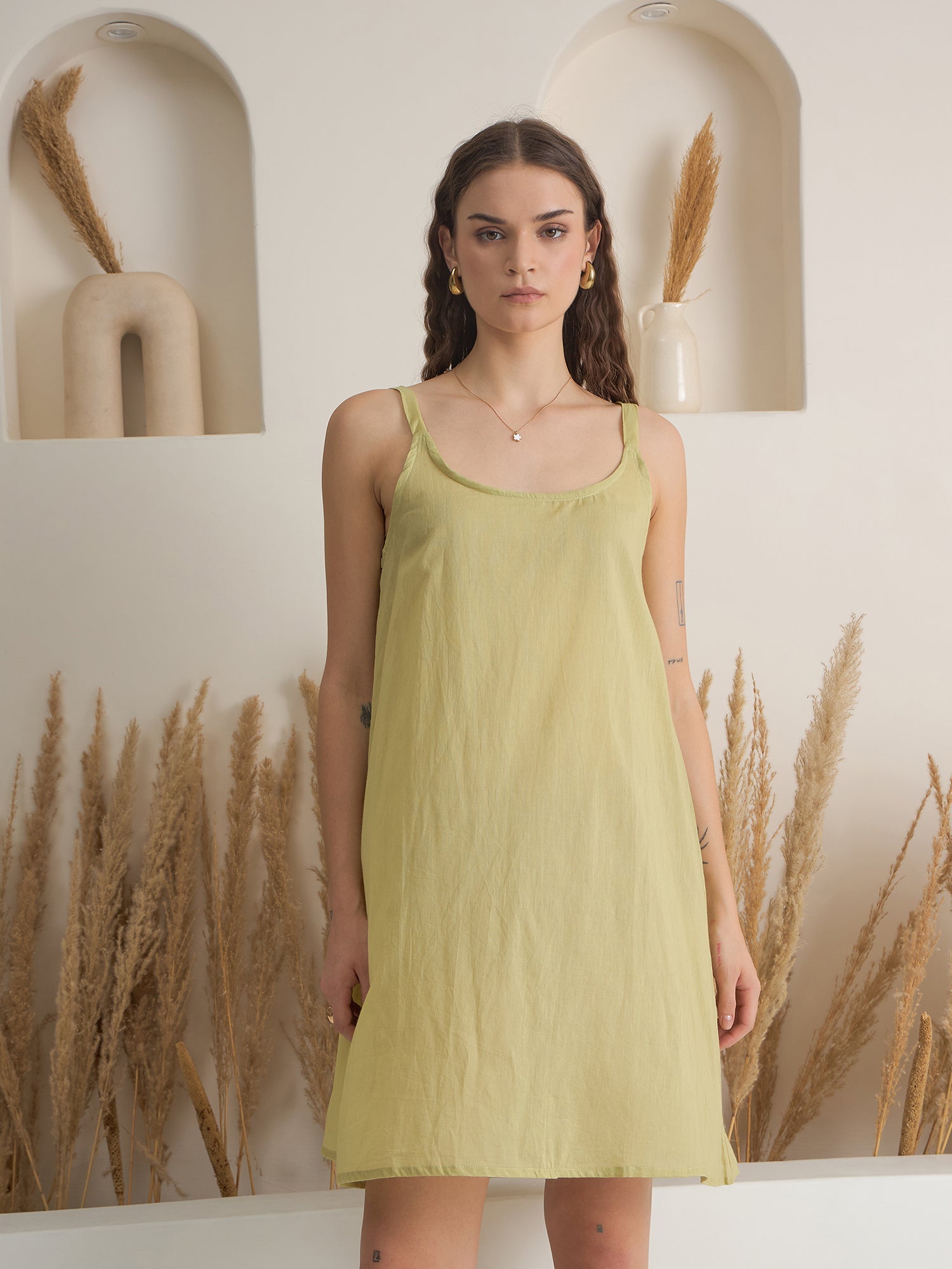 Green Floral Printed Round Neck Dress with inner