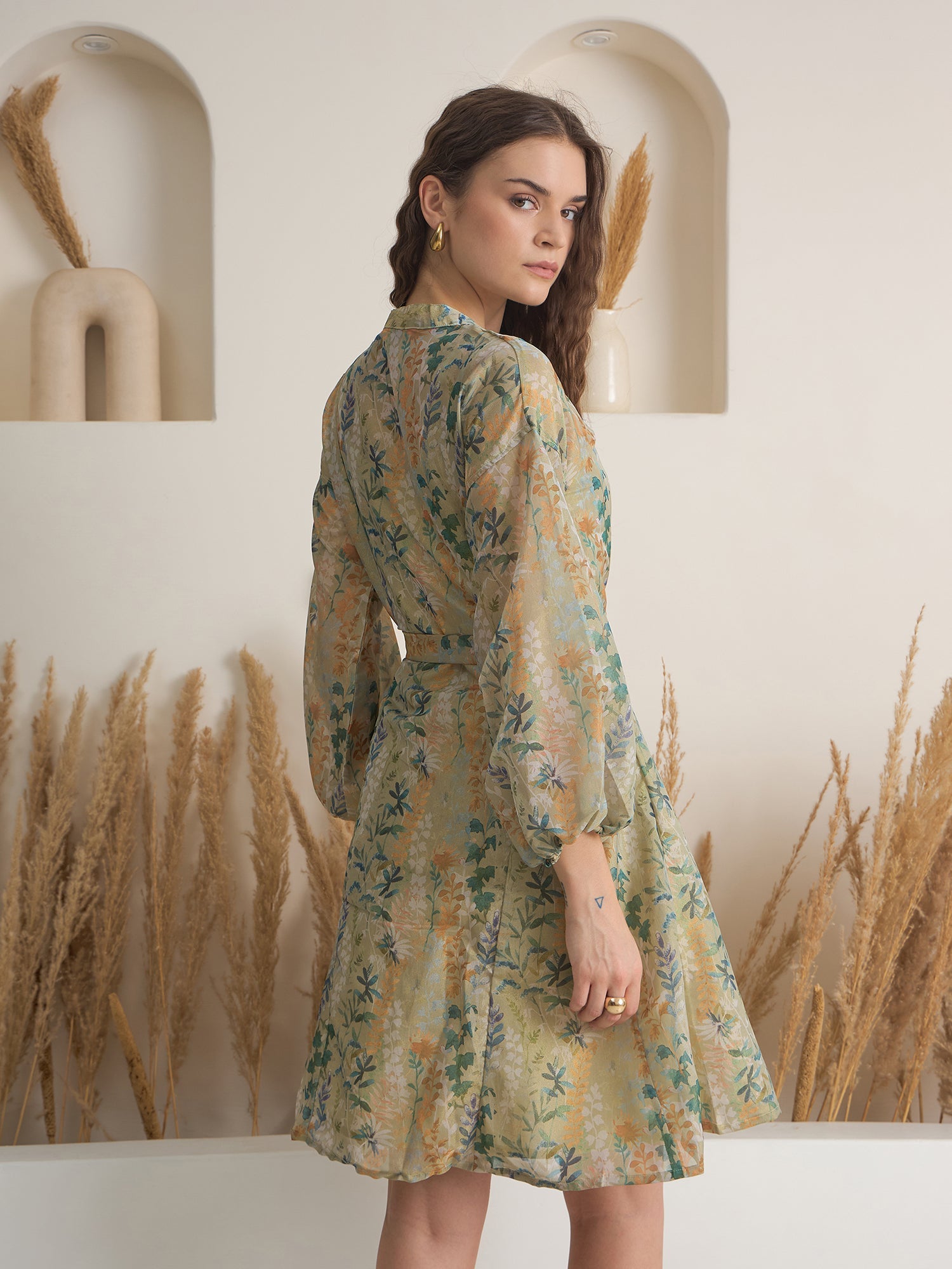 Green Floral Printed Round Neck Dress with inner