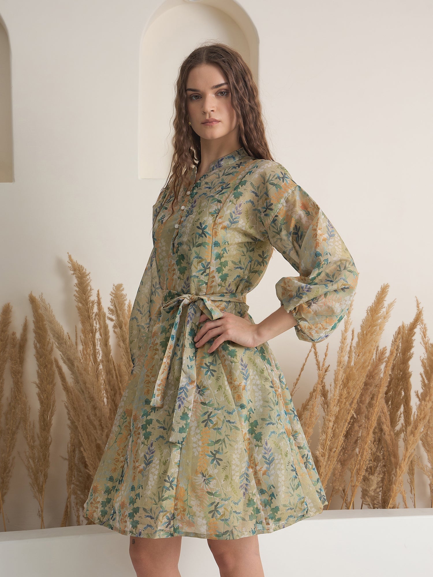 Green Floral Printed Round Neck Dress with inner