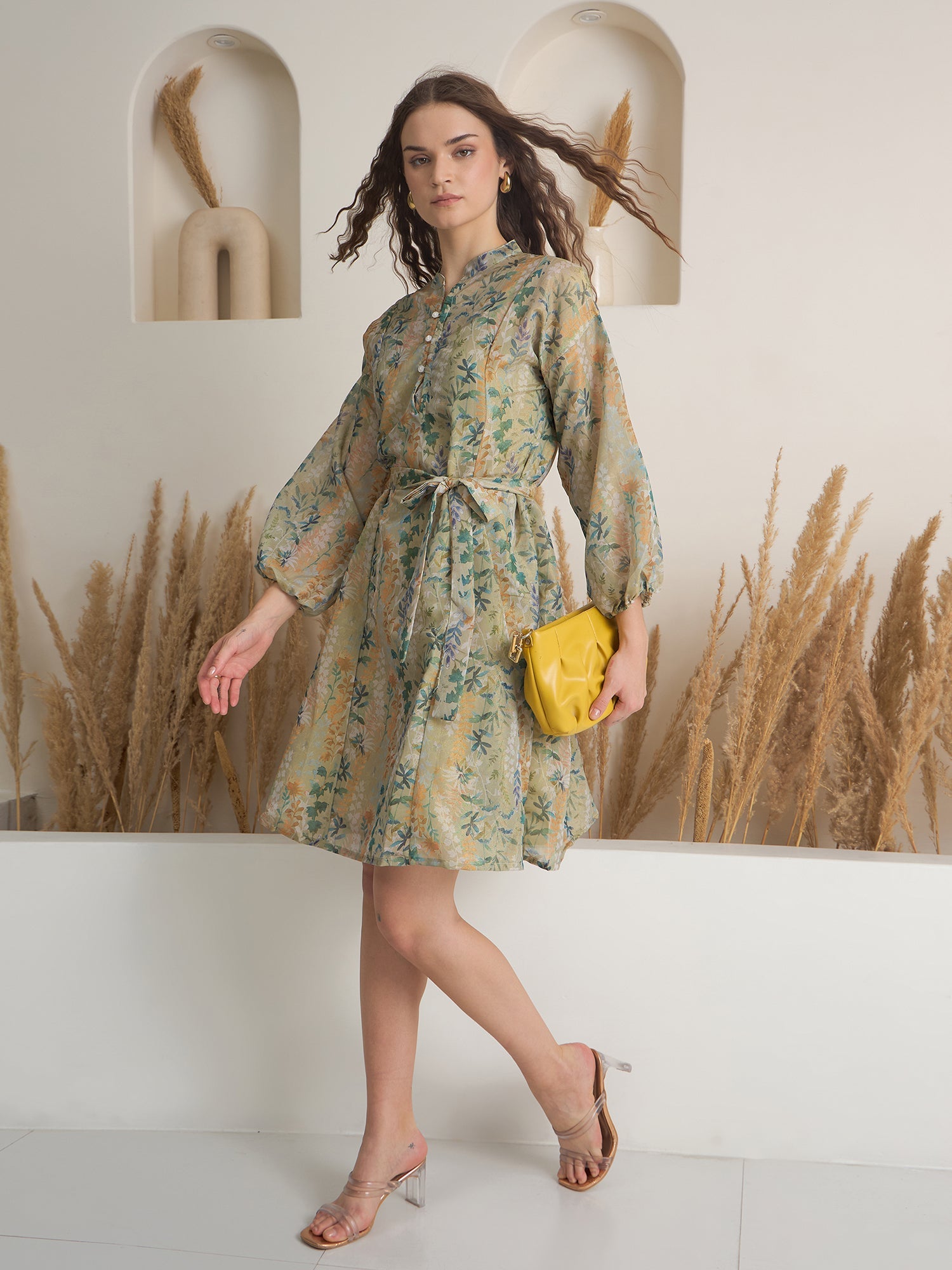 Green Floral Printed Round Neck Dress with inner