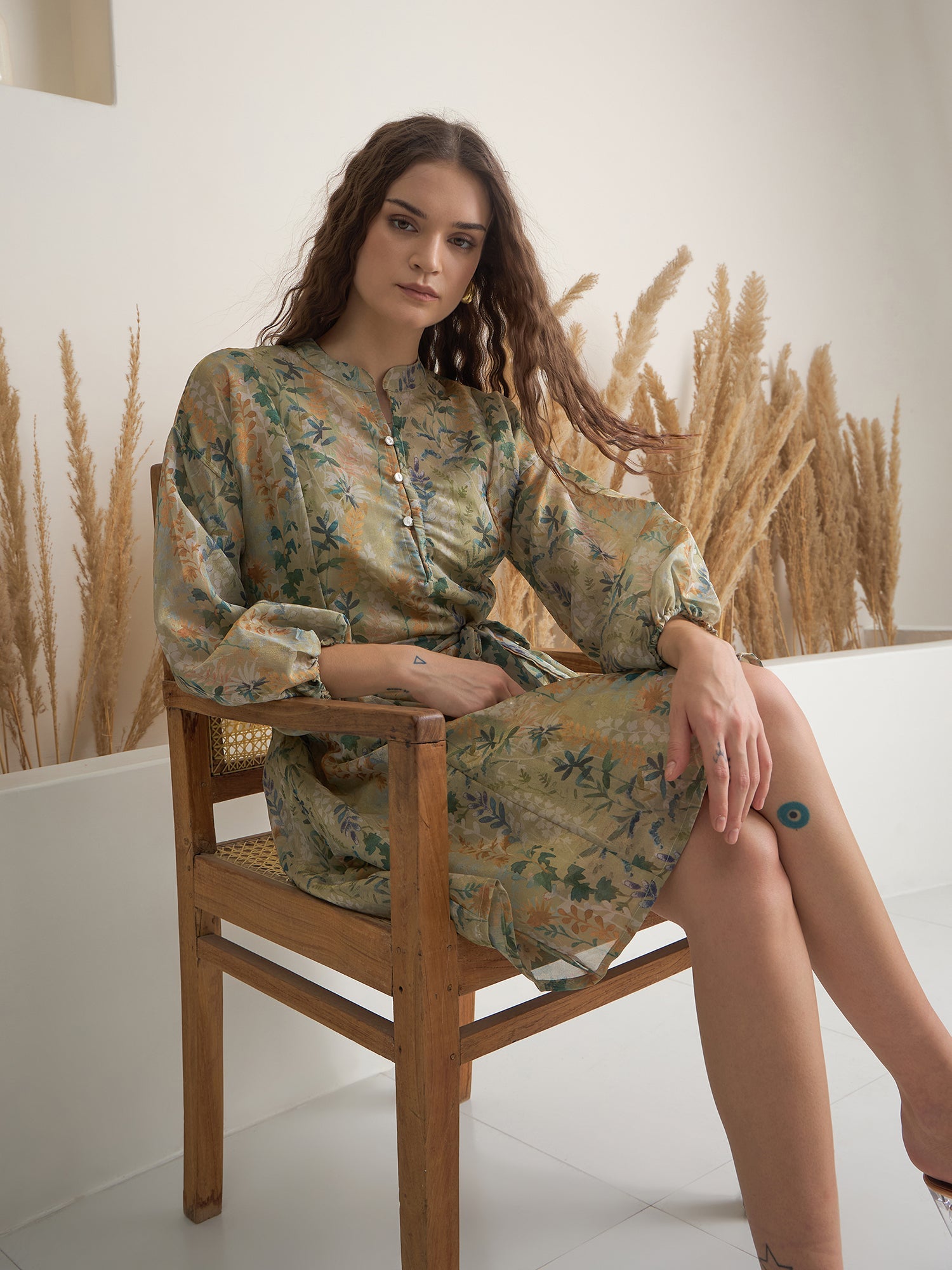 Green Floral Printed Round Neck Dress with inner