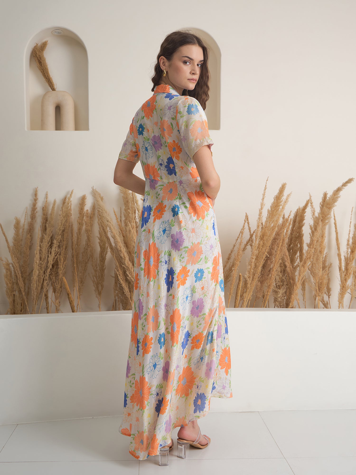 Off White Floral Printed Viscose Rayon Dress for Women