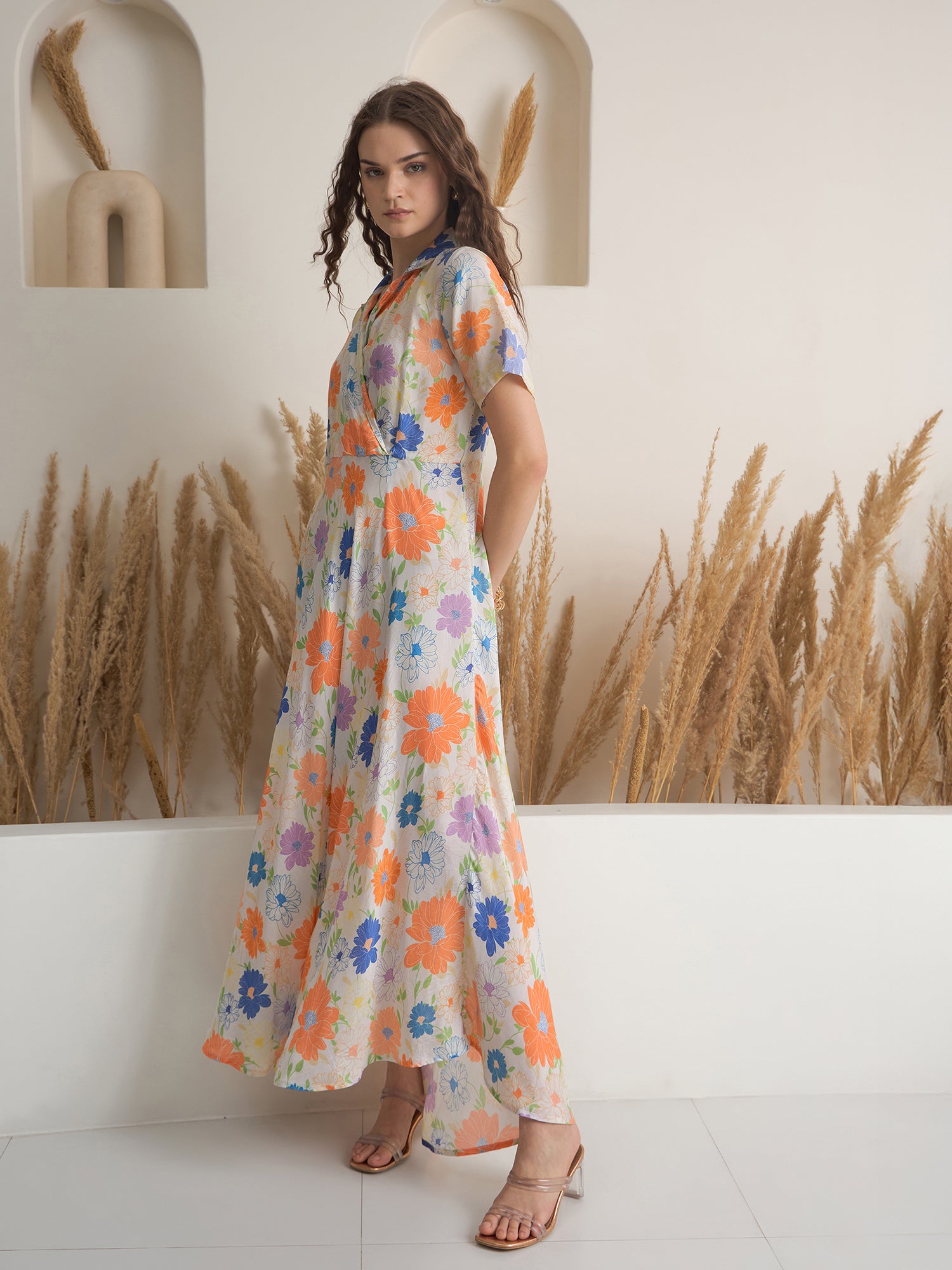 Off White Floral Printed Viscose Rayon Dress for Women