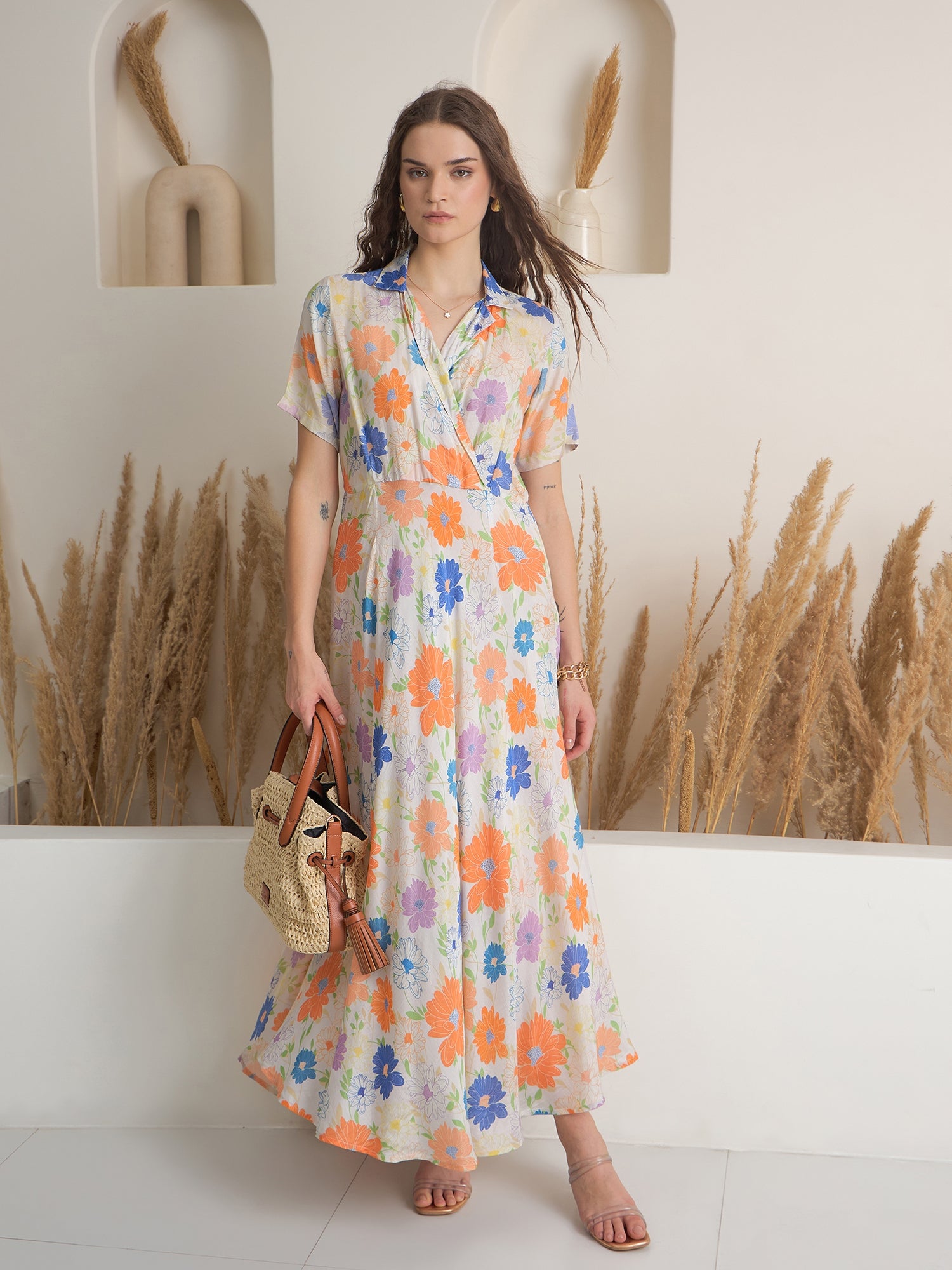 Off White Floral Printed Viscose Rayon Dress for Women