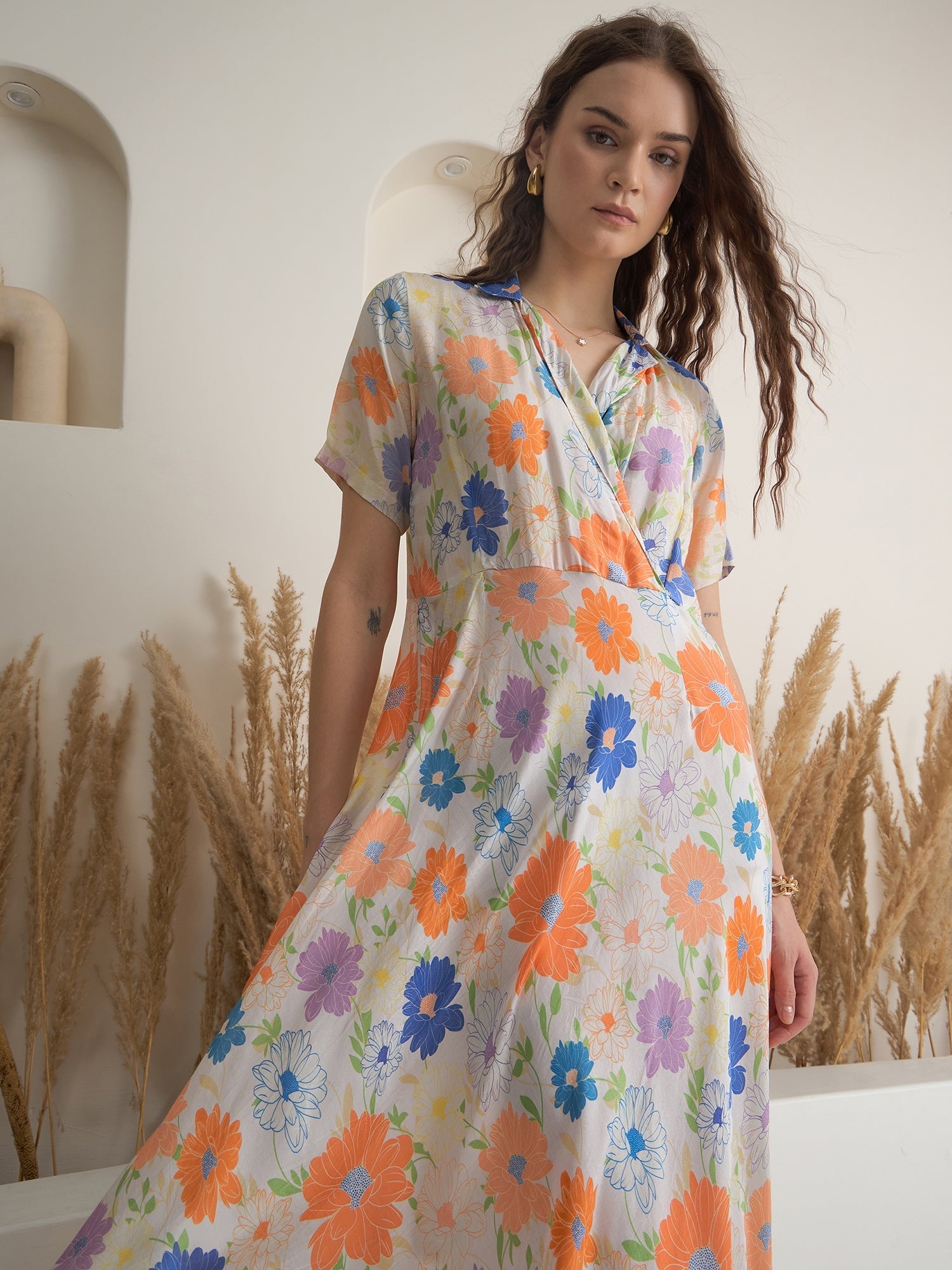 Off White Floral Printed Viscose Rayon Dress for Women