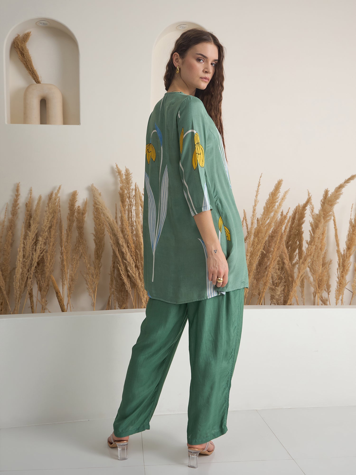 Green Color V-Neck Cotton Printed Co-Ords Set For Women