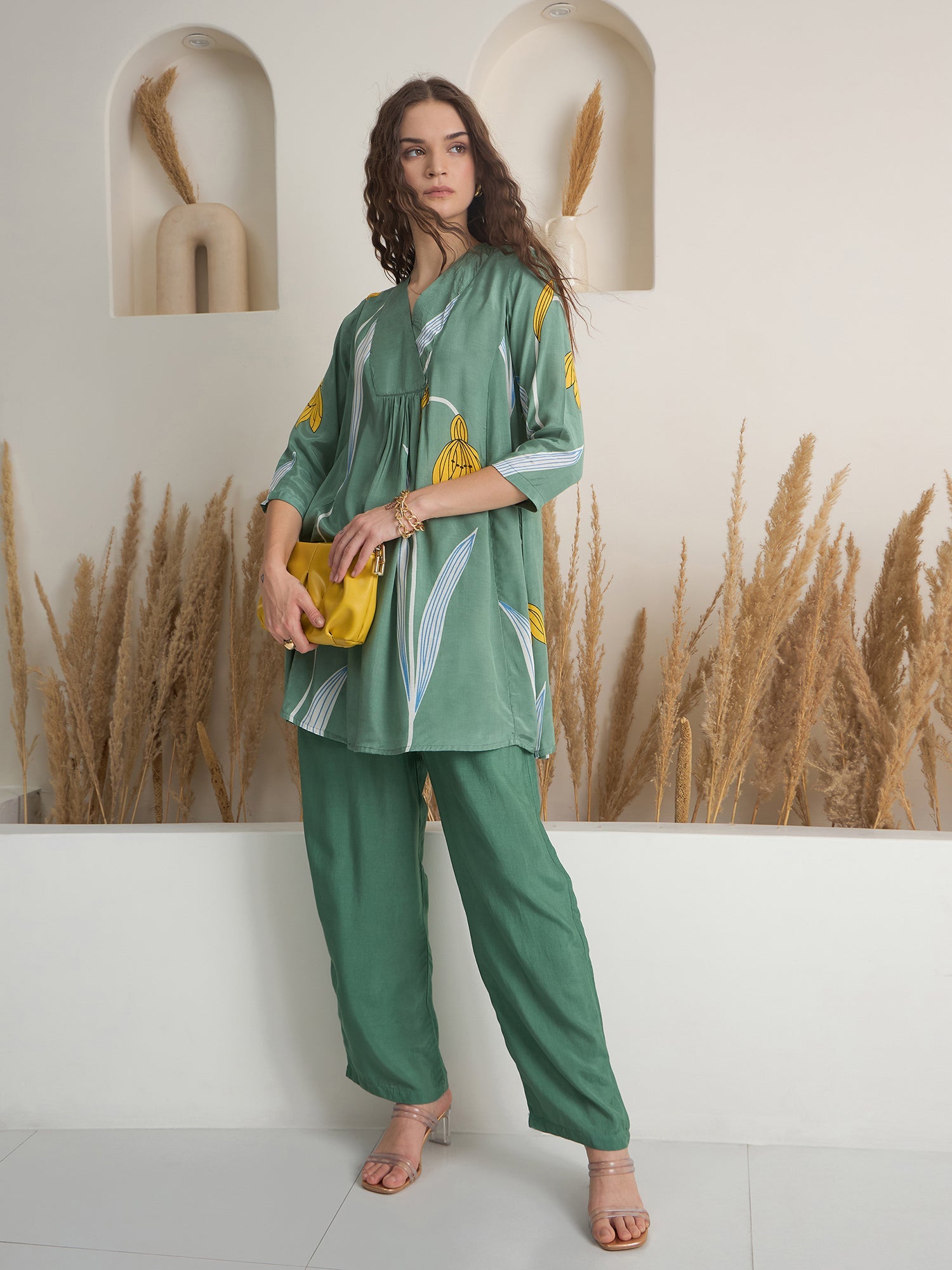 Green Color V-Neck Cotton Printed Co-Ords Set For Women
