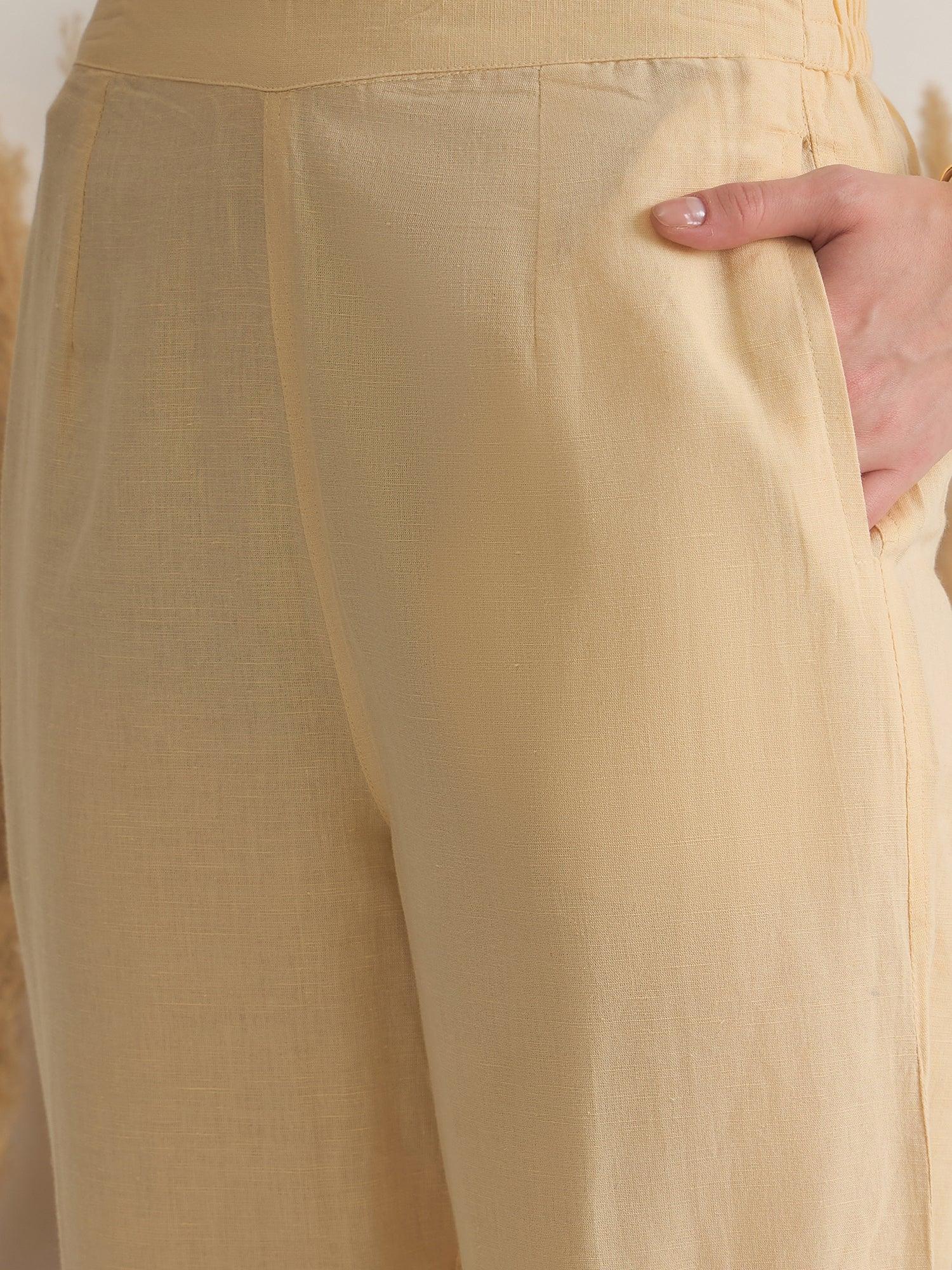 Beige V-Neck Linen Co-ords Set for Women - SanskrutiHomes